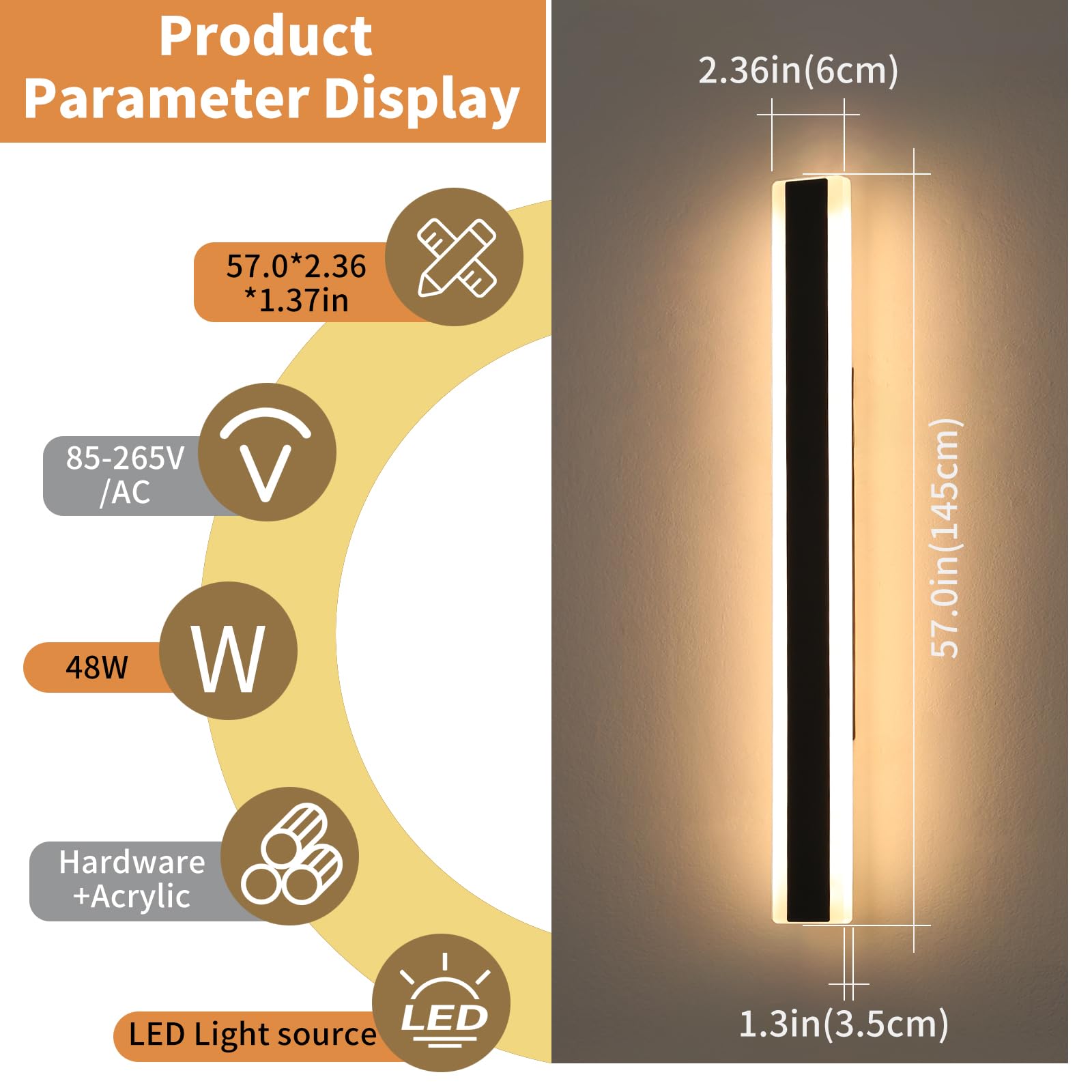 Daoseolo 57-Inch Dimmable Linear Wall Sconce, IP65 Waterproof Black Outdoor Light, Model TC-FTBD-1112