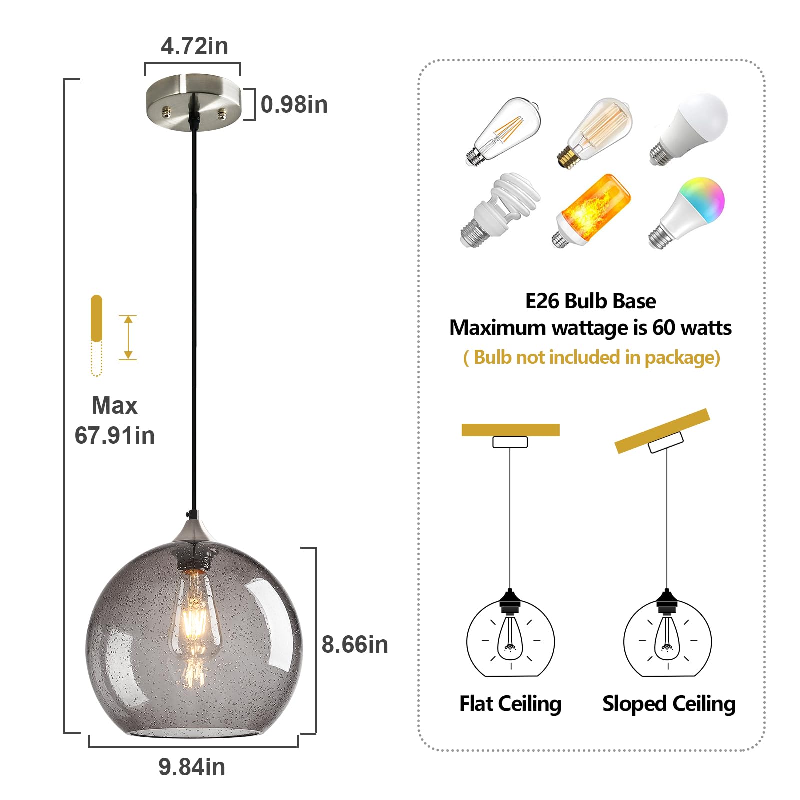 LBSQJ Glass Pendant Light - Modern Kitchen Island Fixture, 9.84in, Light Grey, Model LBSQJ-460, 1 Pack