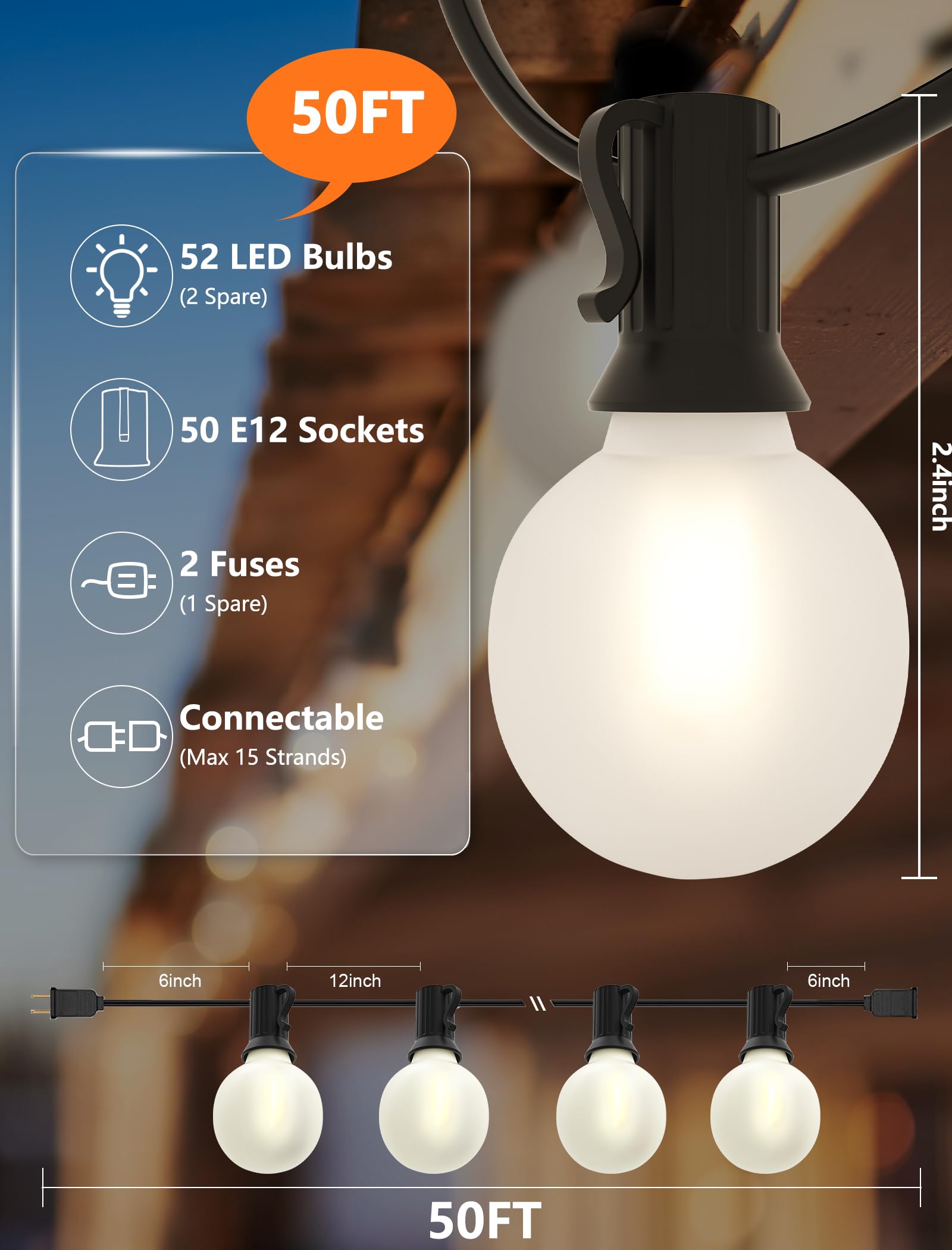SUNSGNE G40 Outdoor String Lights Waterproof 50FT with 52 Frosted White LED Bulbs for Patio Garden Balcony Decor