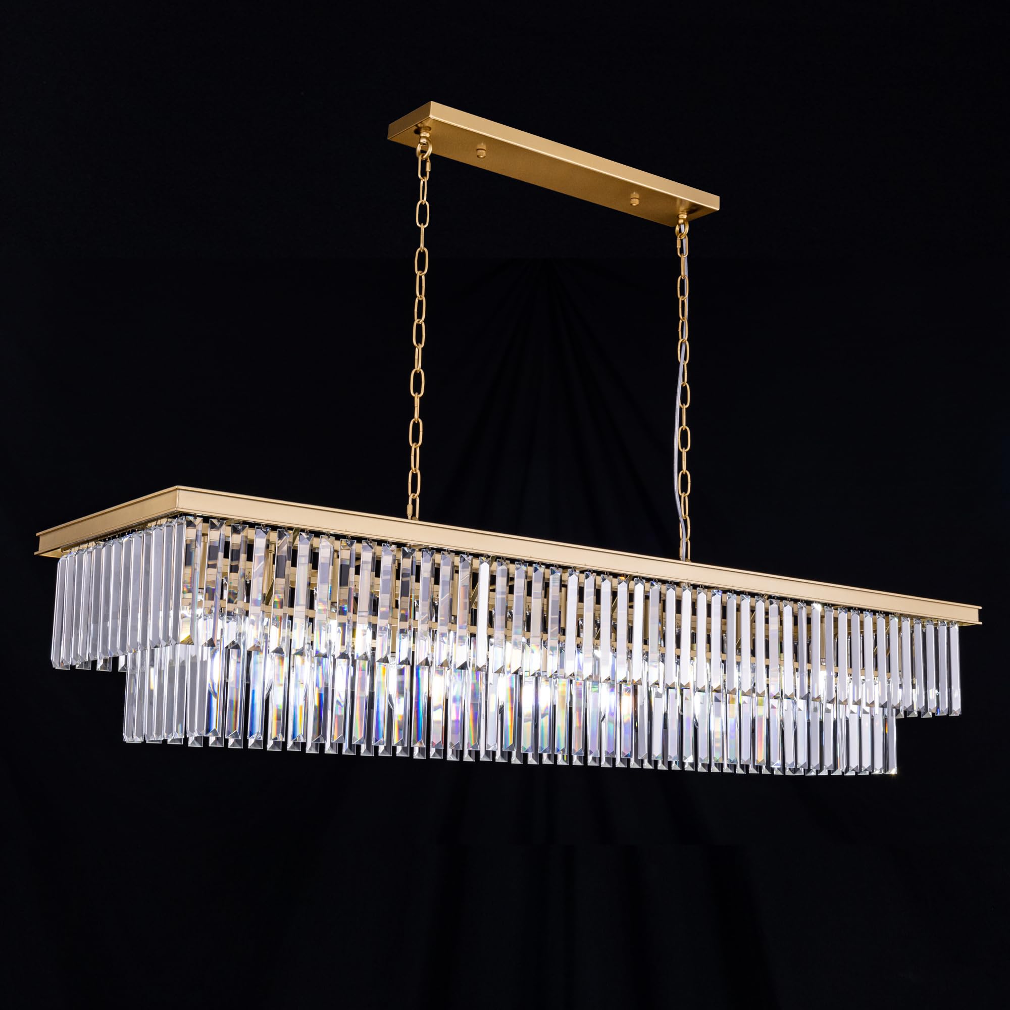 Wellmet Gold Chandelier 57 Inch, 13-Light Modern Rectangular Crystal Chandelier Ceiling Hanging, Linear Chandeliers Light Fixtur