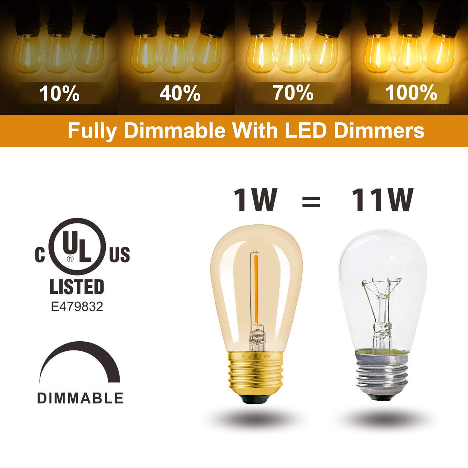 Hizashi S14 LED Bulbs 15 Pack, 2W Dimmable Amber 2200K, Shatterproof Waterproof, E26 Base, UL Listed