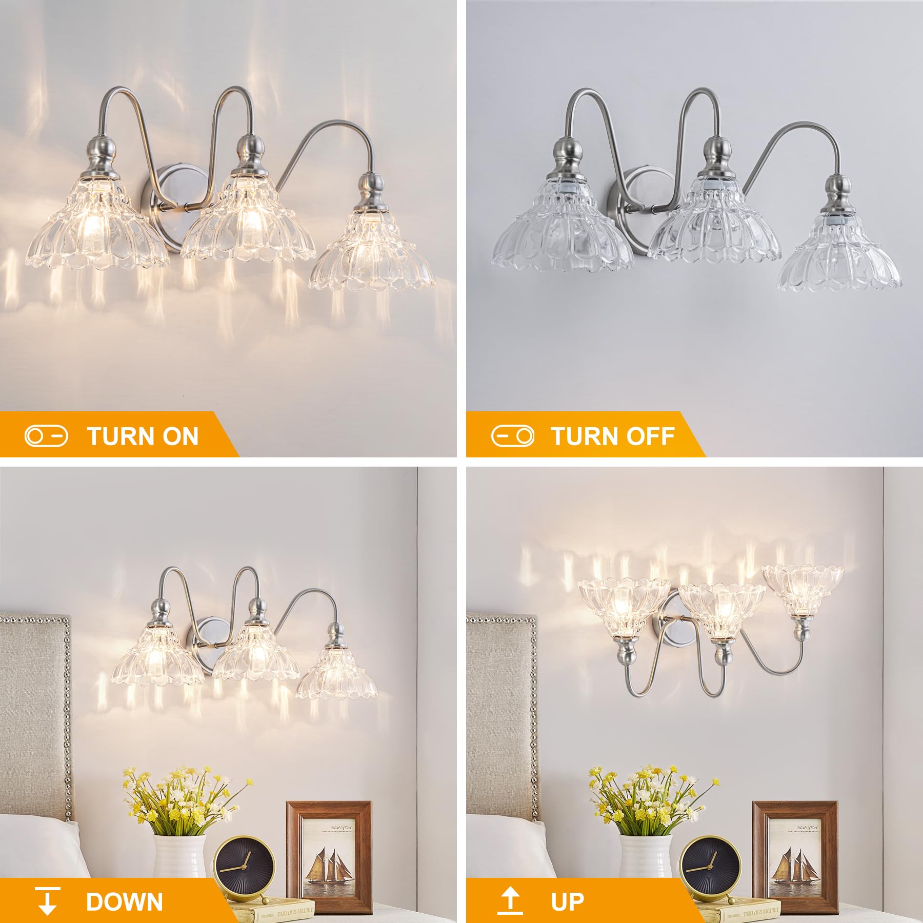BrkNit 3-Light Vintage Bathroom Wall Sconce - Brushed Nickel with Flower Glass Shade, Farmhouse Vanity Lighting for Living Room, Kitchen, Hallway