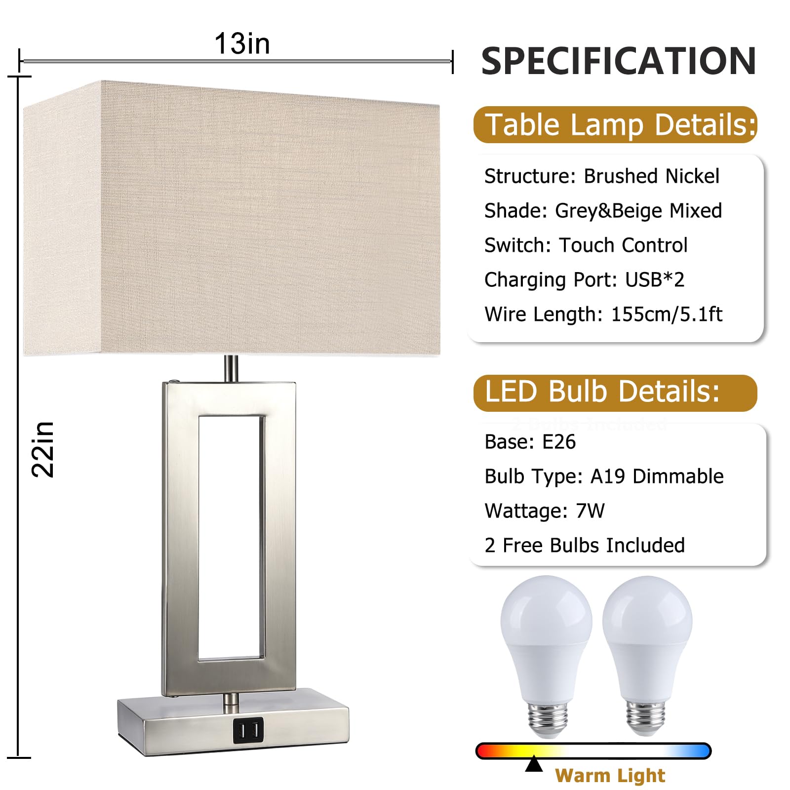 Lamps For Living Room Set Of 2 Touch Control Table Lamps With 2 Usb Ports 3-Way Dimmable Bedside Nightstand Lamps Bedrooms Brush