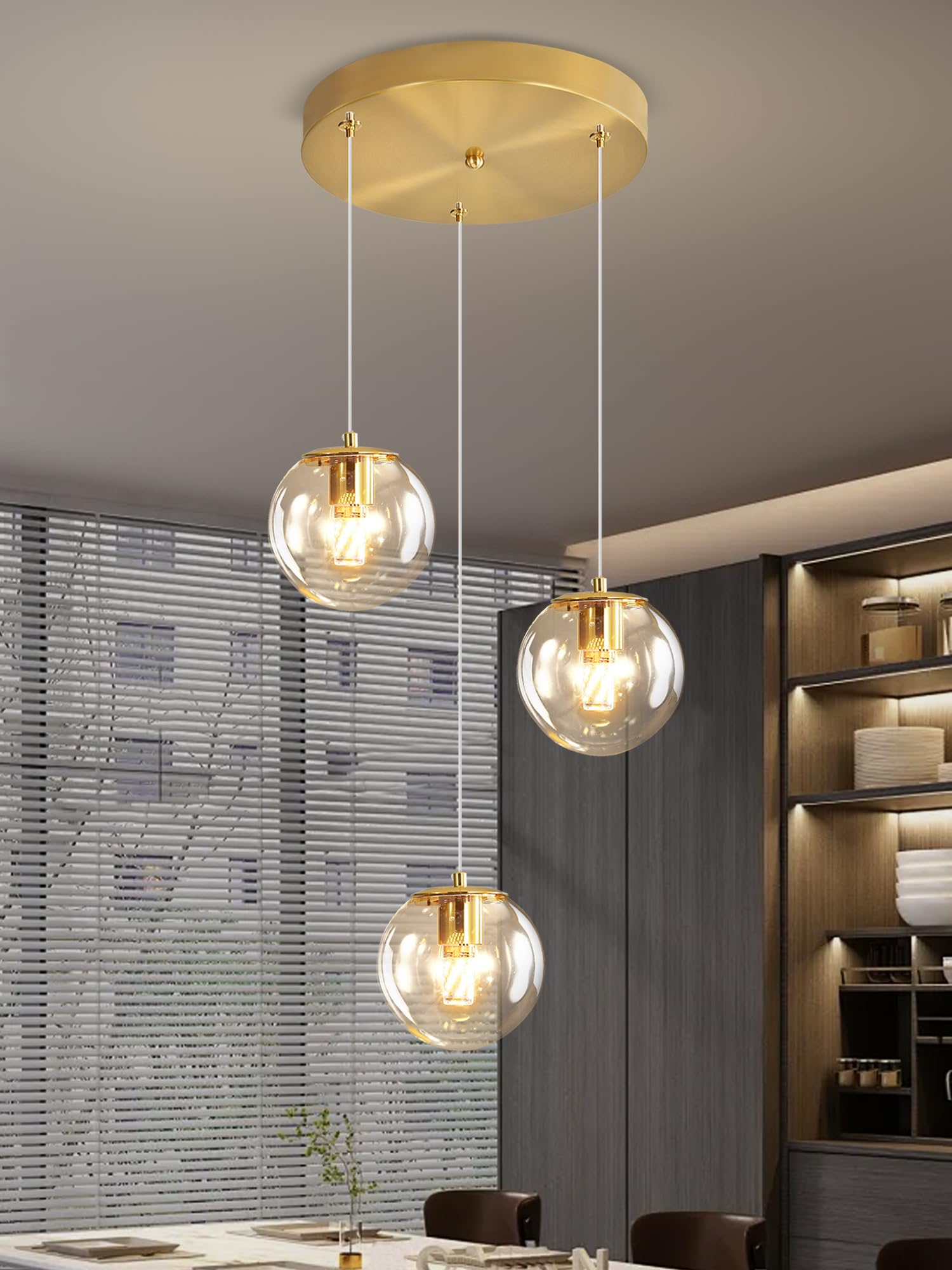 ykolupty 3-Light Modern Gold Pendant Light Hanging Fixture Light for Kitchen Island Mid Century Globe Pendant Light Glass Chande