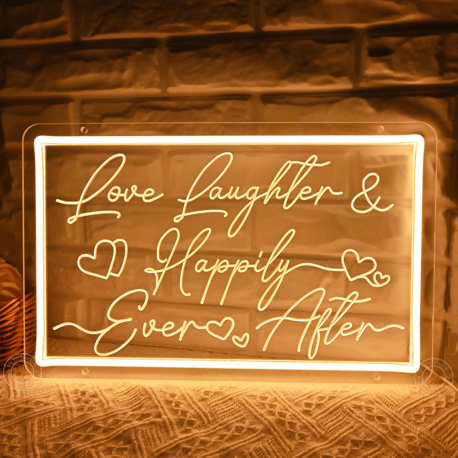 SYLHOME Led Neon Light Sign, Warm White Acrylic, 15.75in X 9.84in, Love Laughter Happily Ever After Decor for Home, Bedroom, Party