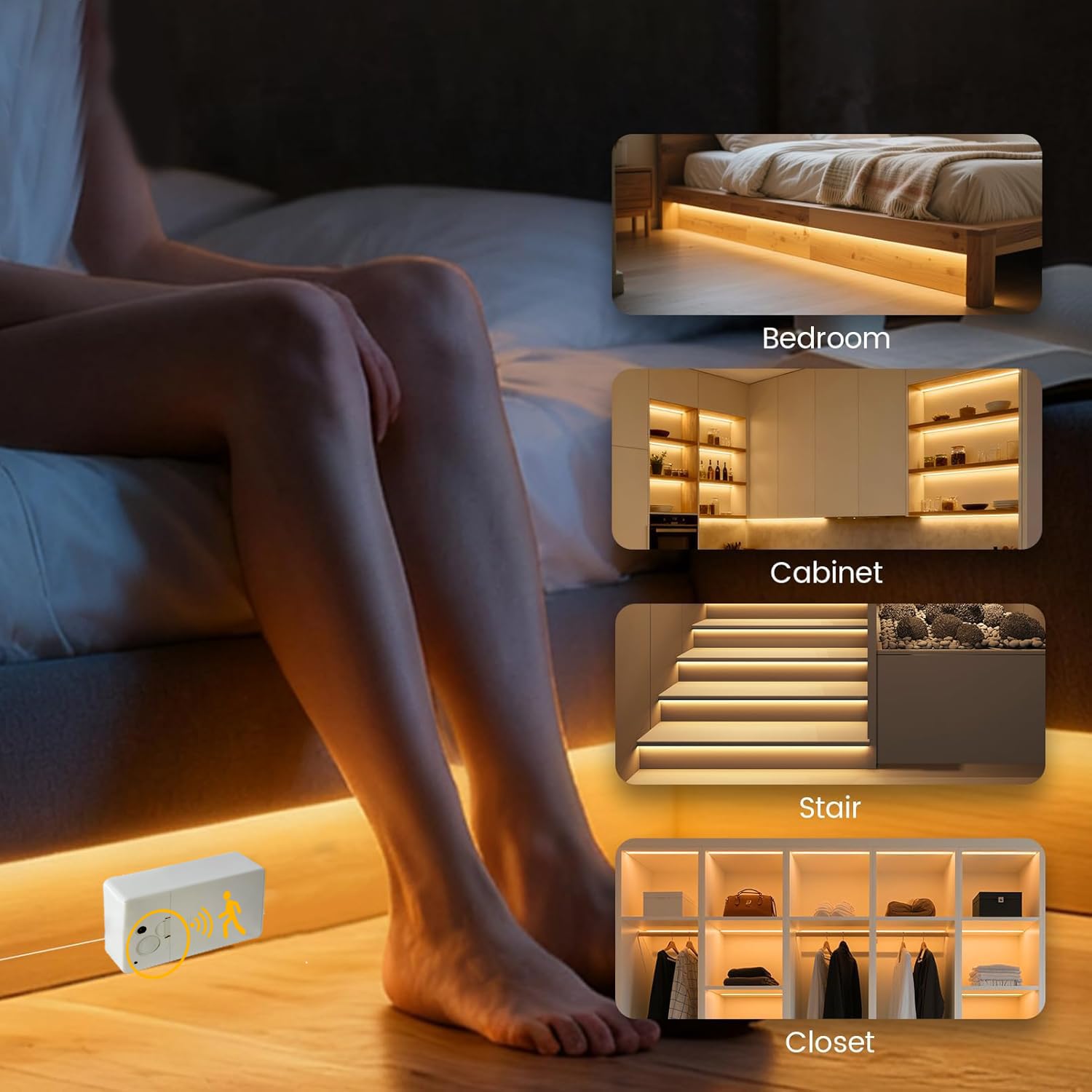 EJ's SUPER CAR Battery Operated Motion Sensor Cabinet Strip Lights, 4.92FT Warm White, 3 Pack, Plastic, KQ-NL-LED