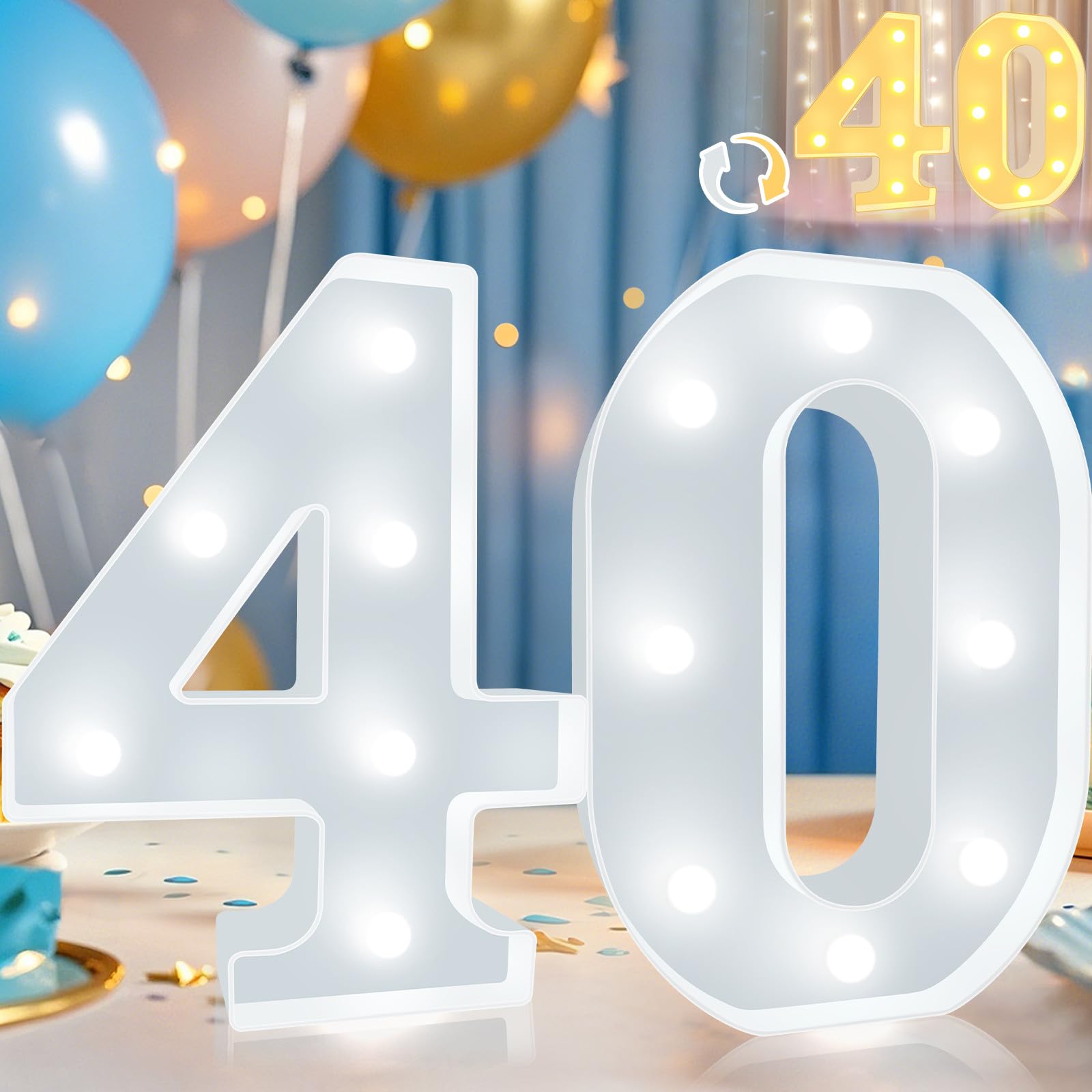 Pooqla LED Light Up Number 40 Sign for 40th Birthday Decoration, Plastic, Cool White and Warm White, Model DENC-BP-01