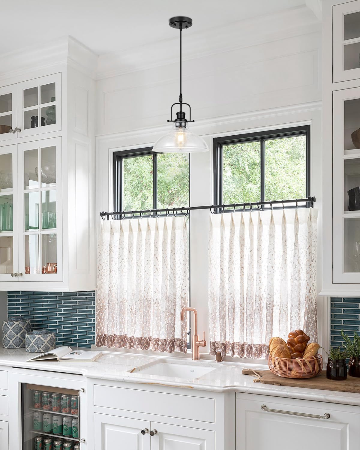 Wilon Seeded Glass Pendant Lights Kitchen Island Lighting, Black Modern Farmhouse Pendant Light Fixture With E26 Base, Vintage H