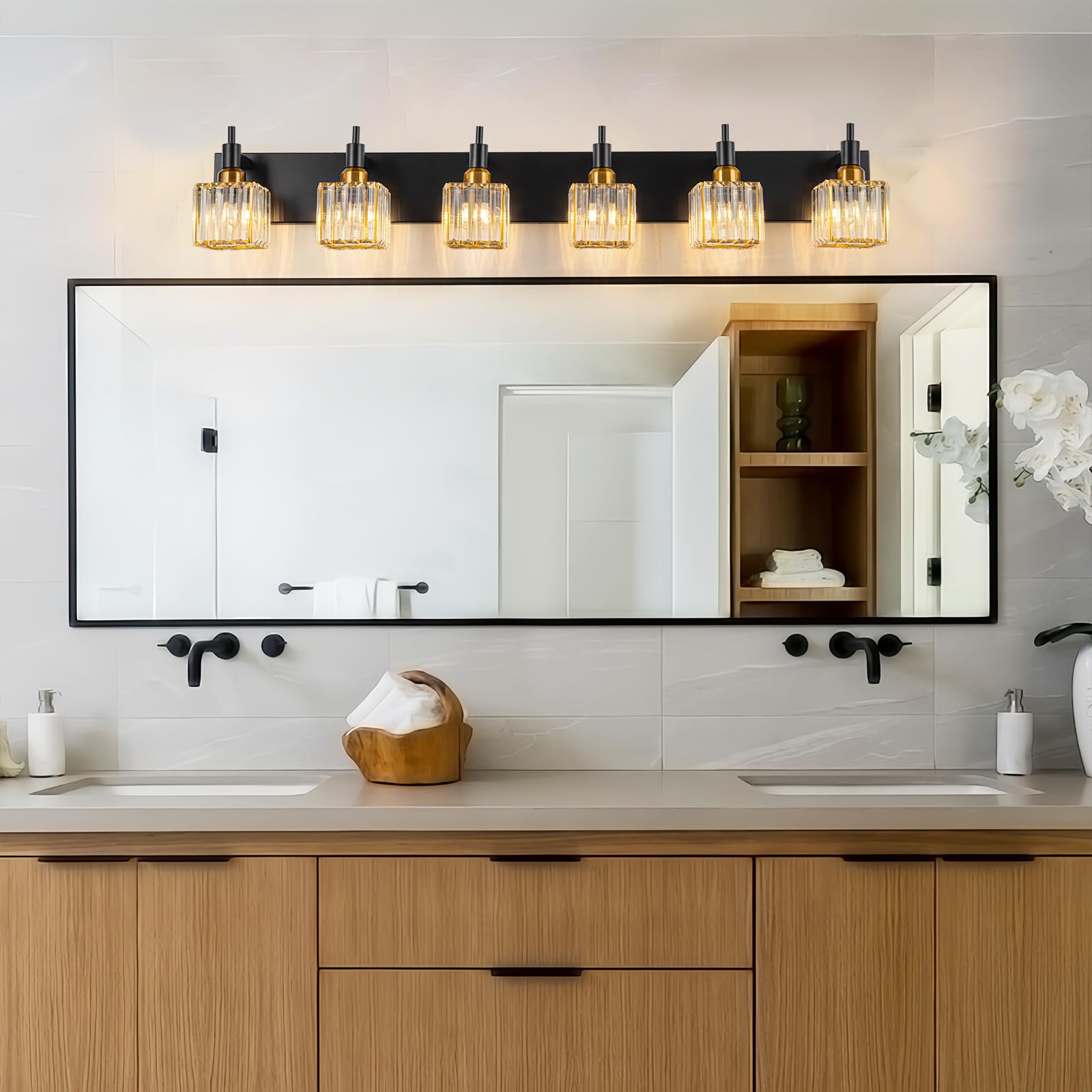 HUOKU 6-Lights Crystal Bathroom Vanity Light, Black Gold Metal Fixture, Modern Design Over Mirror