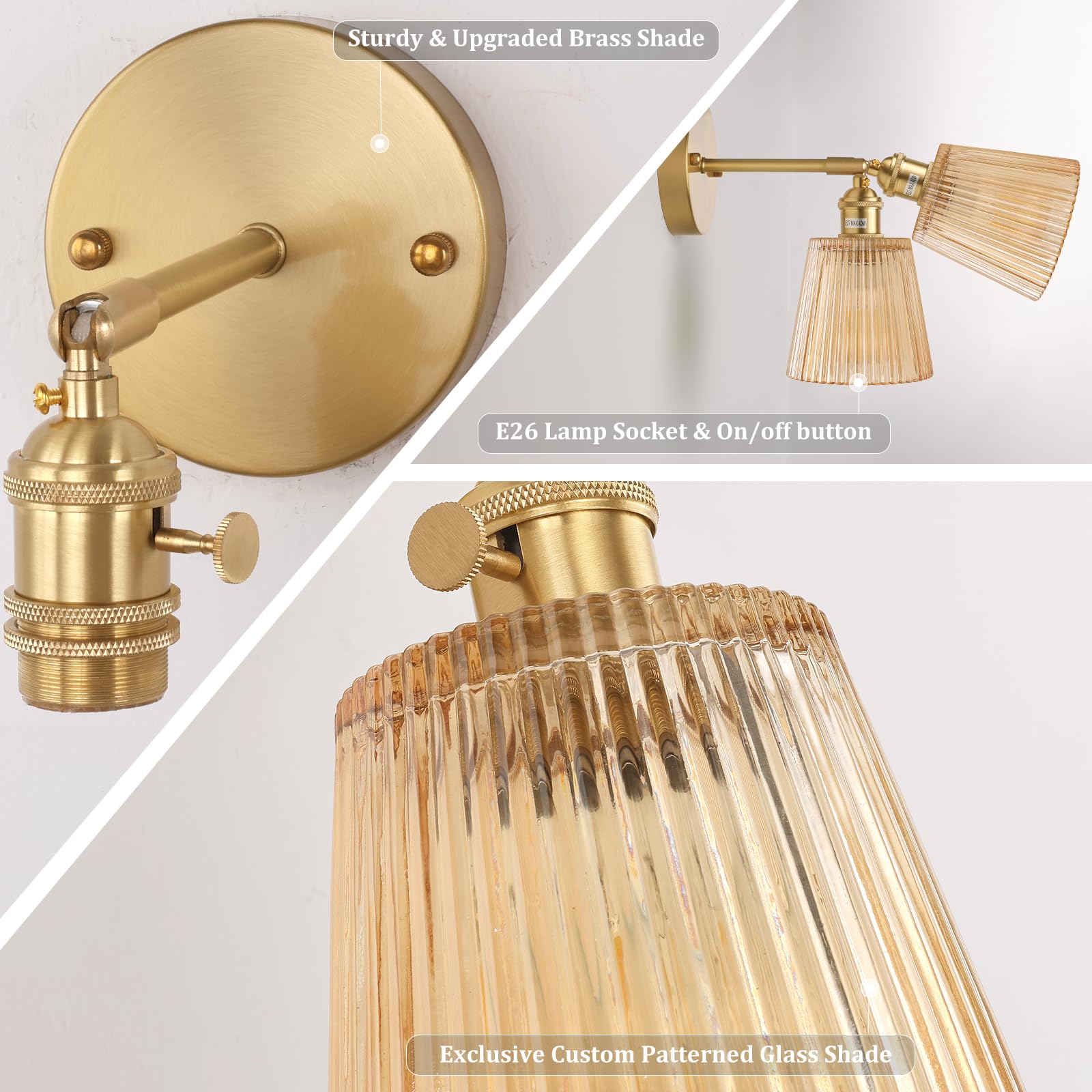 Shenmoyl Vintage Wall Sconces Set of 2, Amber Stripe Glass, 180° Adjustable, Hardwired Brass Lighting Fixture for Bedroom or Doorway