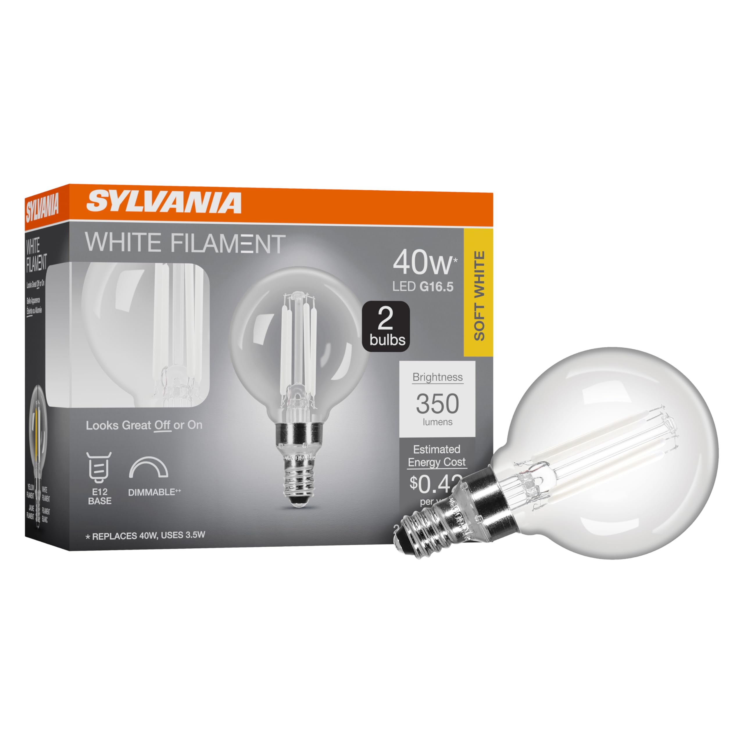 Sylvania G16.5 Clear Globe Led White Filament Bulb, 3.5W, Dimmable, 350 Lms, Candelabra Base, 2700K, Soft White - 2 Pack (42243)