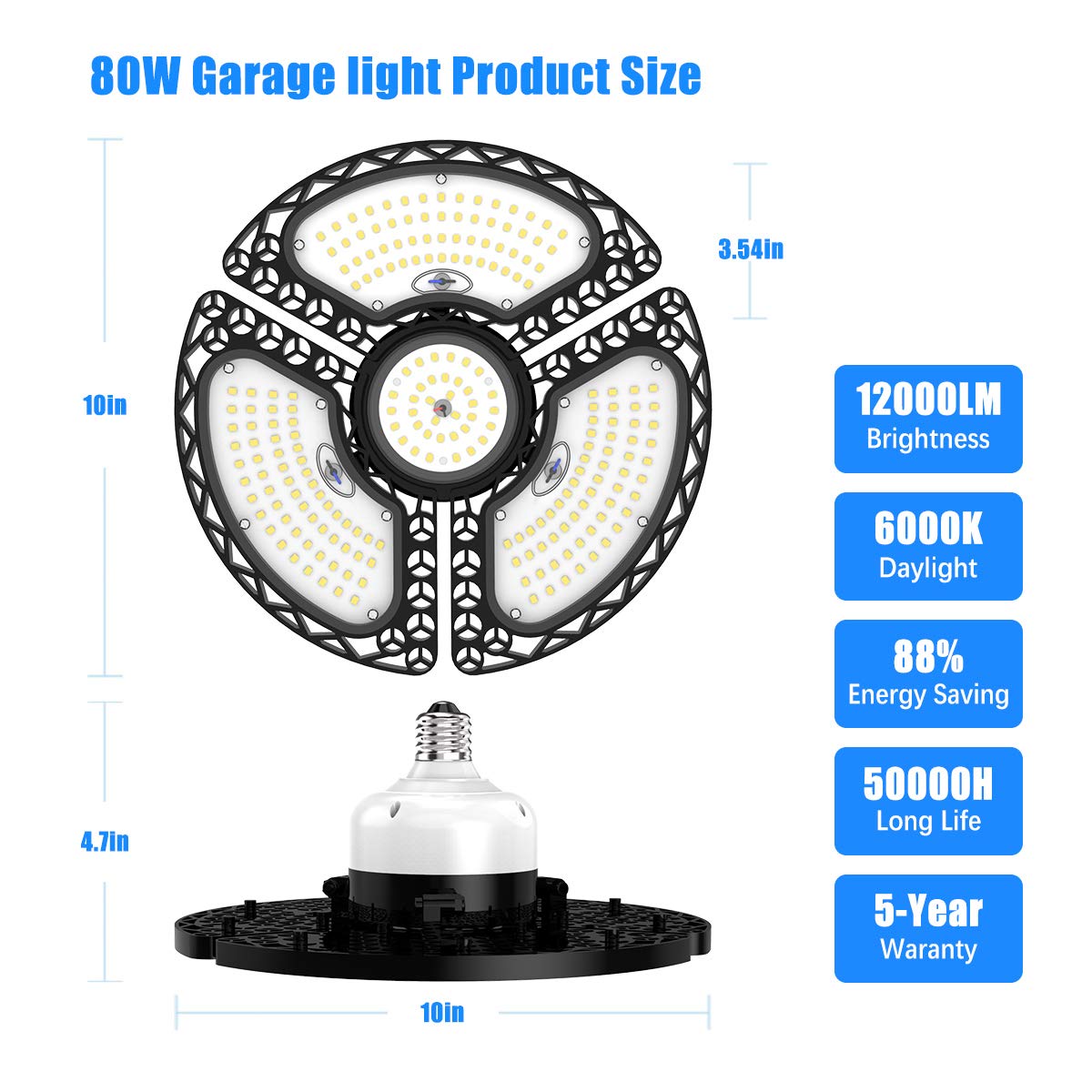 Dansny LED Garage Lights 80W, 12000 Lumens, 10in x 10in x 4.7in, Deformable with 3 Adjustable Panels, Black, Model