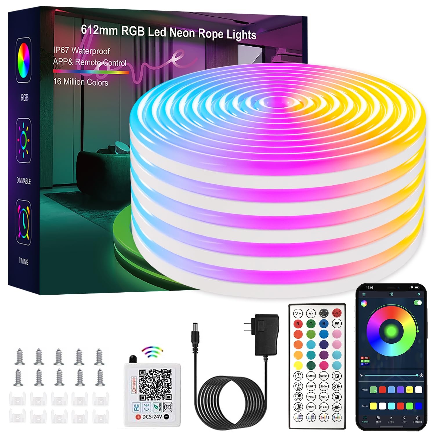 YILINM LED neon Lights 50FT RGB Neon Rope Lights with Remote Control/APP Control Music Sync Timer Function IP67 Waterproof Flexible Neon Band Lights for Bedroom Gaming Outdoors Decor