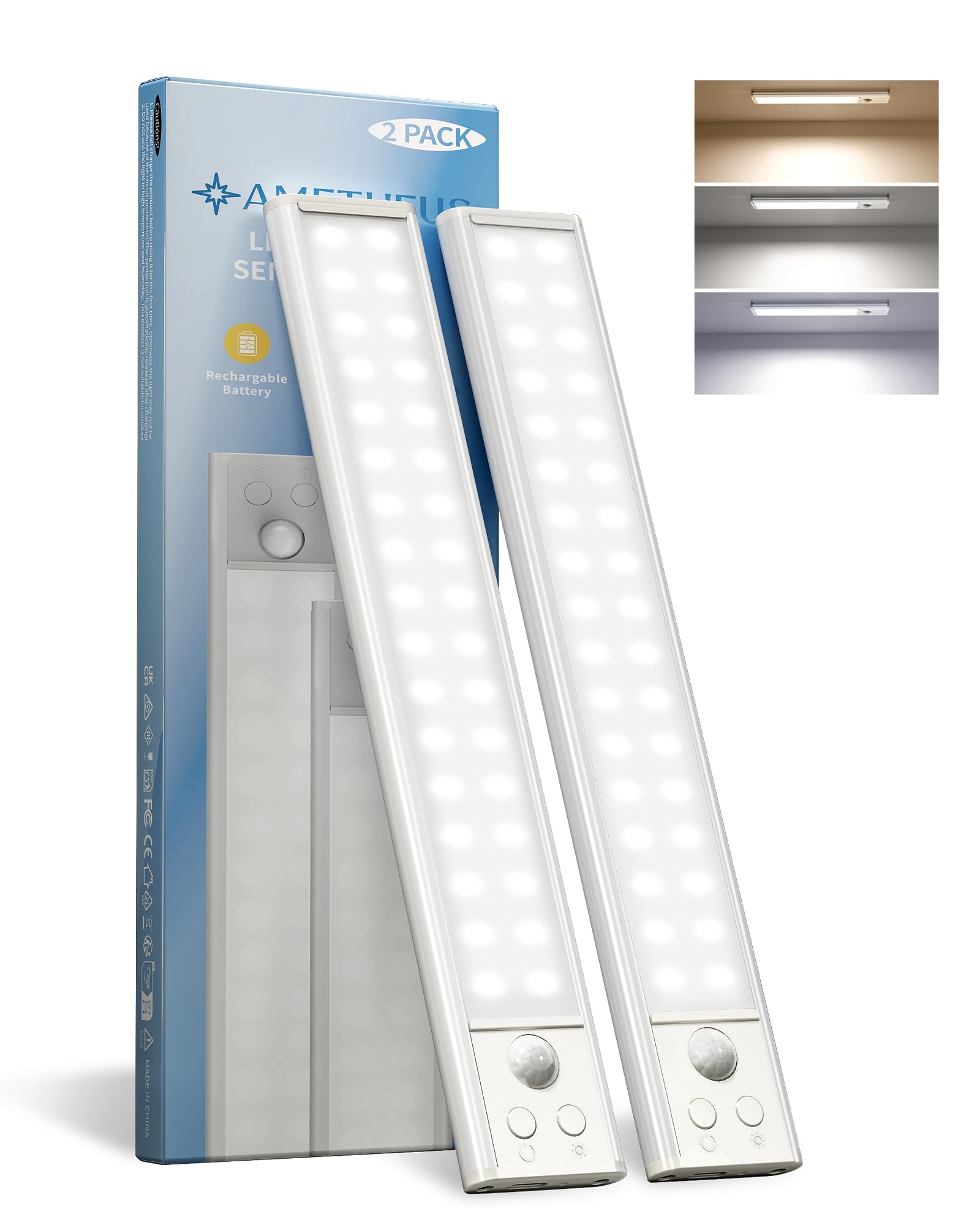 10inch Under Cabinet Lights  Wireless Closet Light  Motion Sensor  1800mAh Rechargeable Battery  Magnetic  3 Color Temps  5 Levels Dimmable  Under Counter Lights for Kitchen (2 Pack)