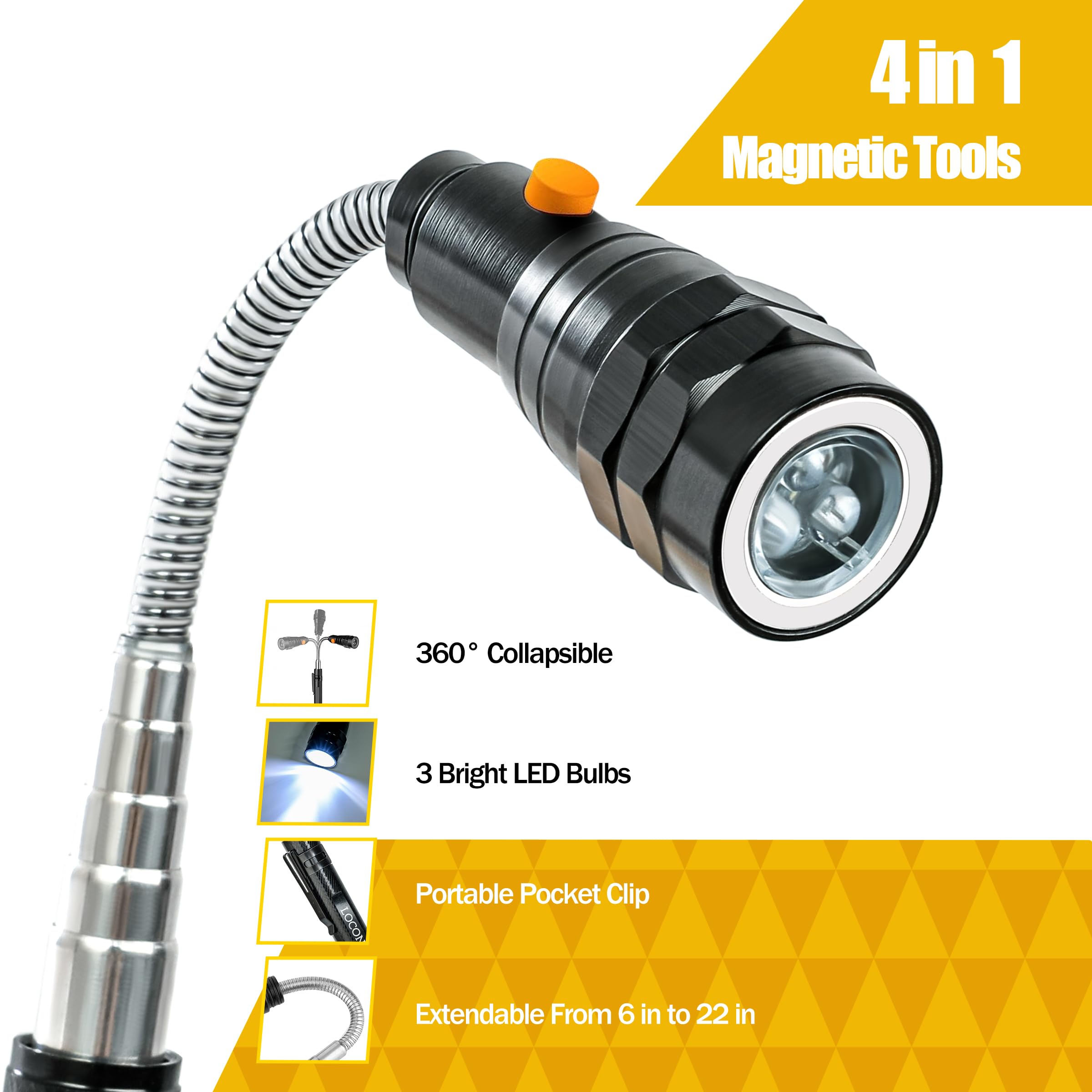 LOCONHA Magnetic Pickup Tool with LED Lights, Telescoping Magnet, 1 PACK, Black, Model CXD - Perfect Gadget for Men, Handyman, and Gifts