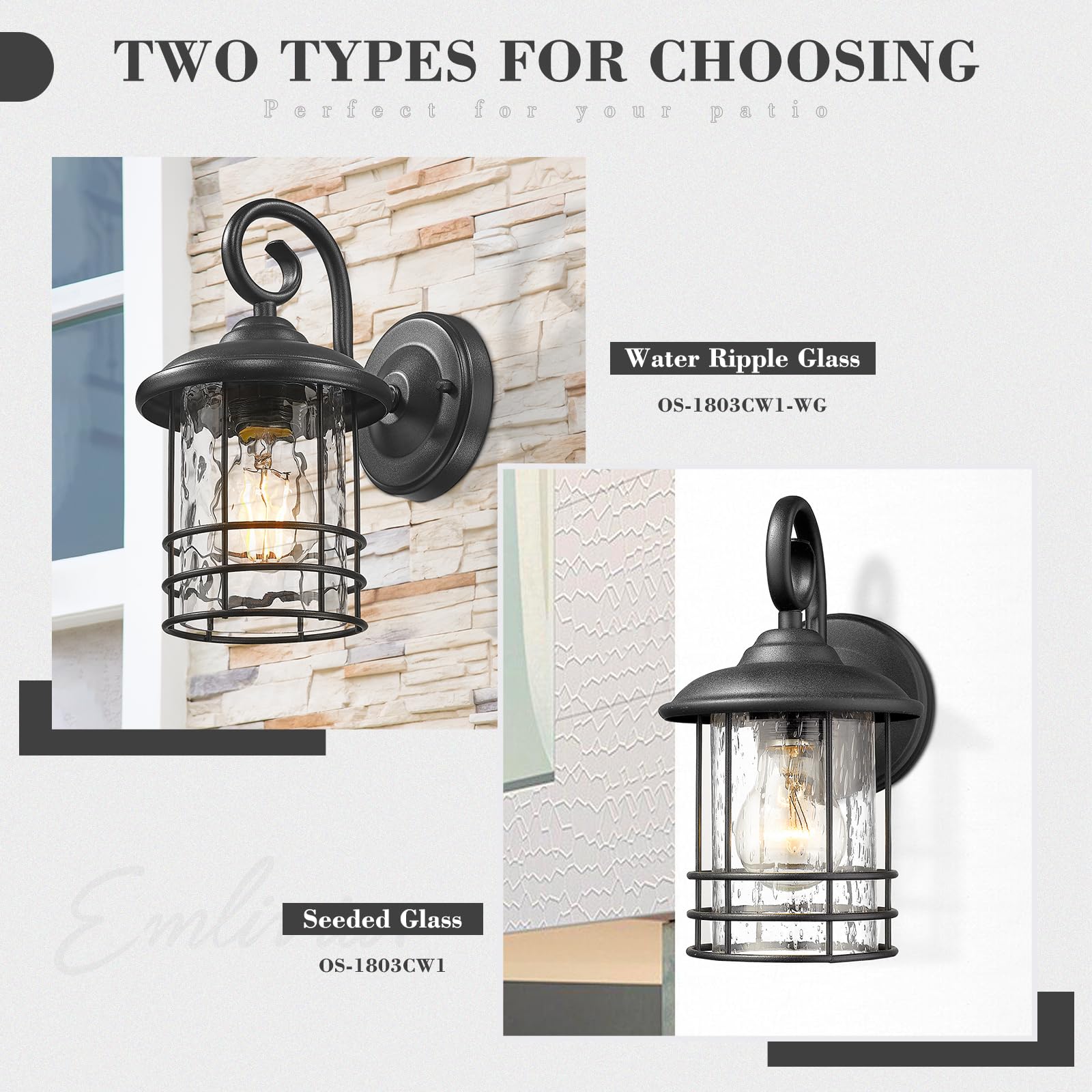 Emliviar 1-Light Outdoor Wall Lantern Twin Pack, Black Finish With Seeded Glass