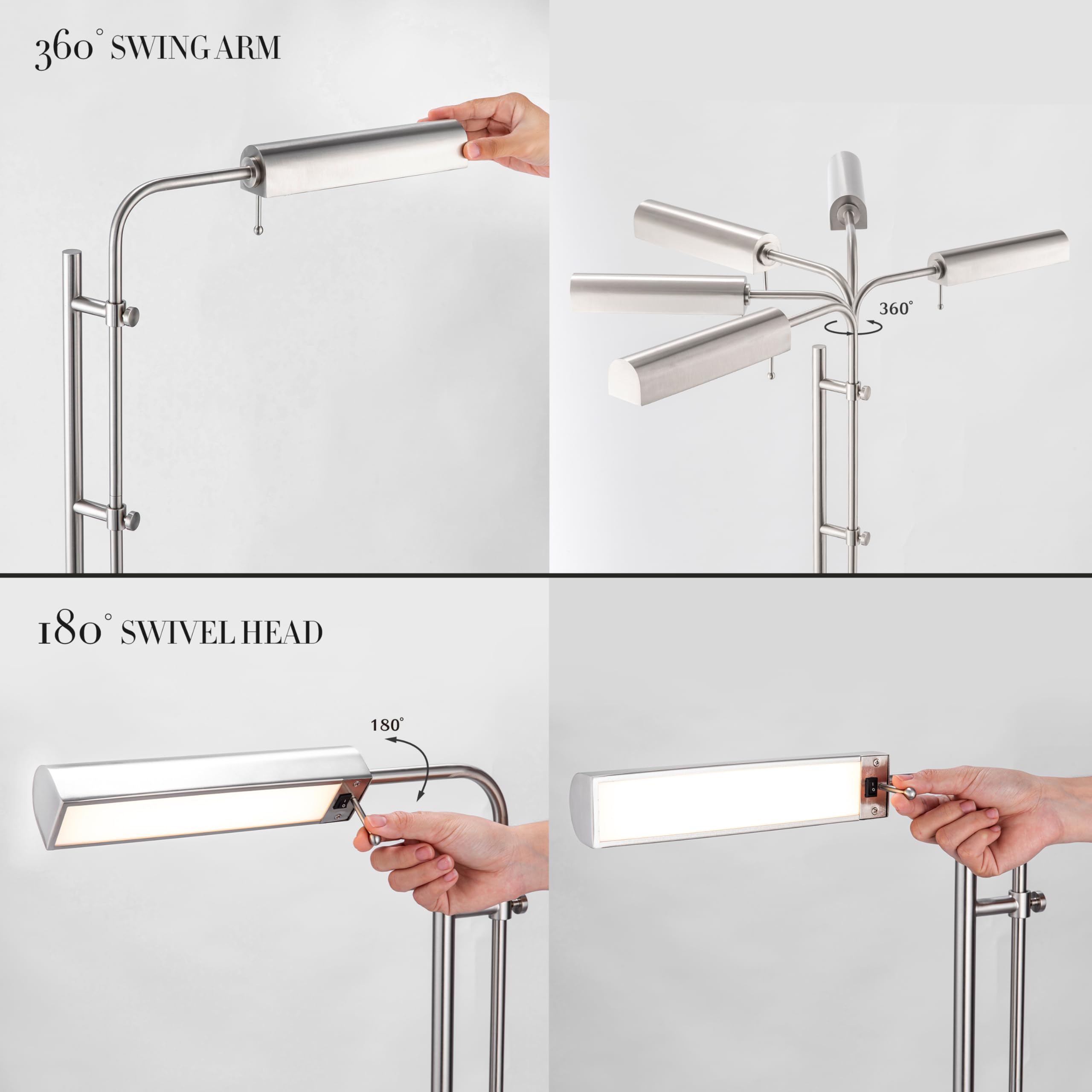 OBright Cedric Adjustable Floor Lamp - 10W LED, Height 45-61 inches, Brushed Nickel, Industrial Design, Model OBE-FL25H