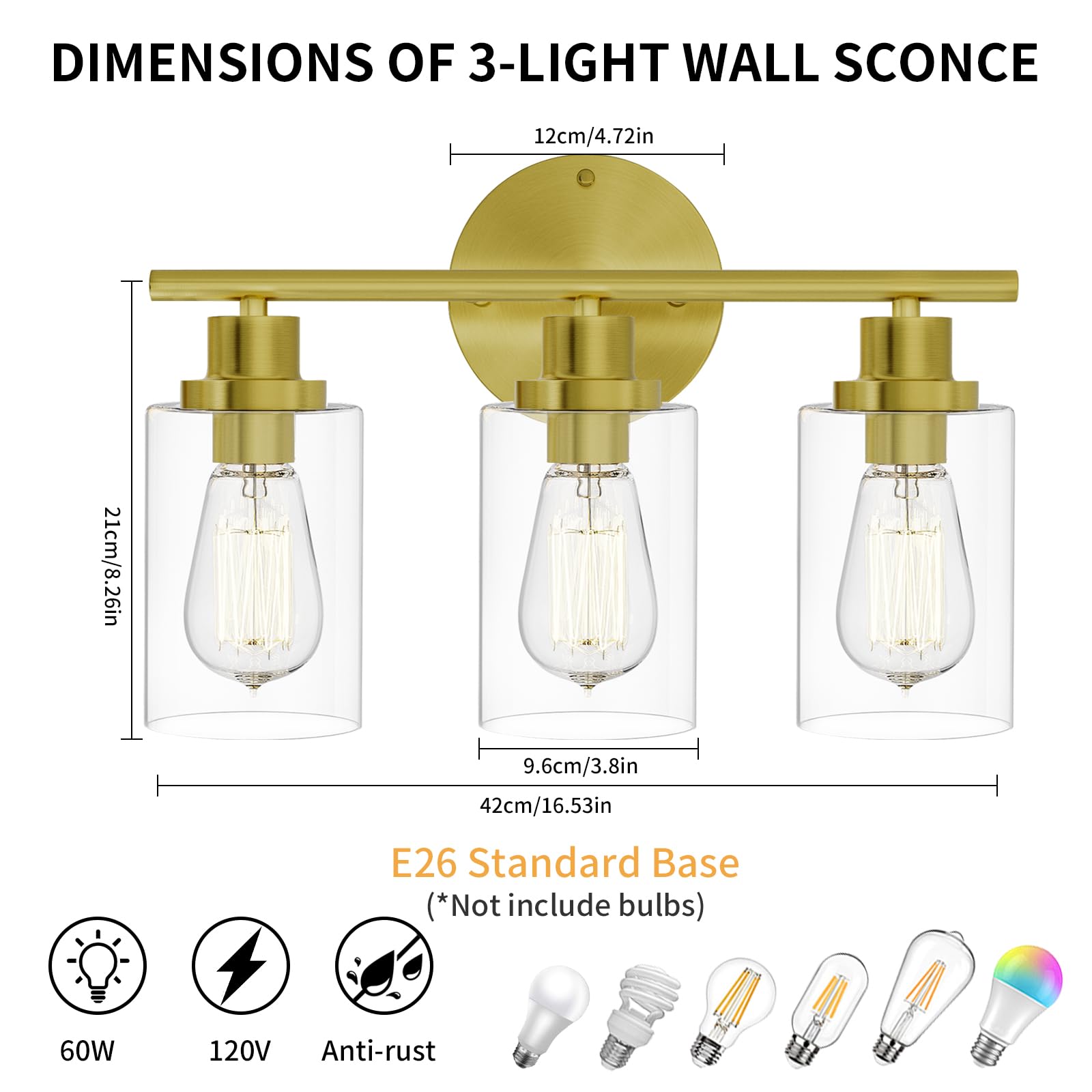 GORDNWE 3-Light Vanity Light Fixtures, Brushed Gold, E26 Bulb Base, Metal, Farmhouse Style, Model J0020