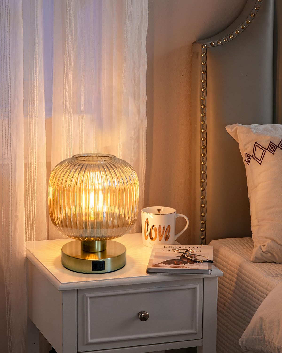 Elenhome Big Touch Table Lamp,Elegant Gold Glass Bedside Lamp 3 Way Dimmable With Usb C+A Charging Ports - Bedroom Nightstand & Living Room Essential, 4W Bulb Included (Gold)