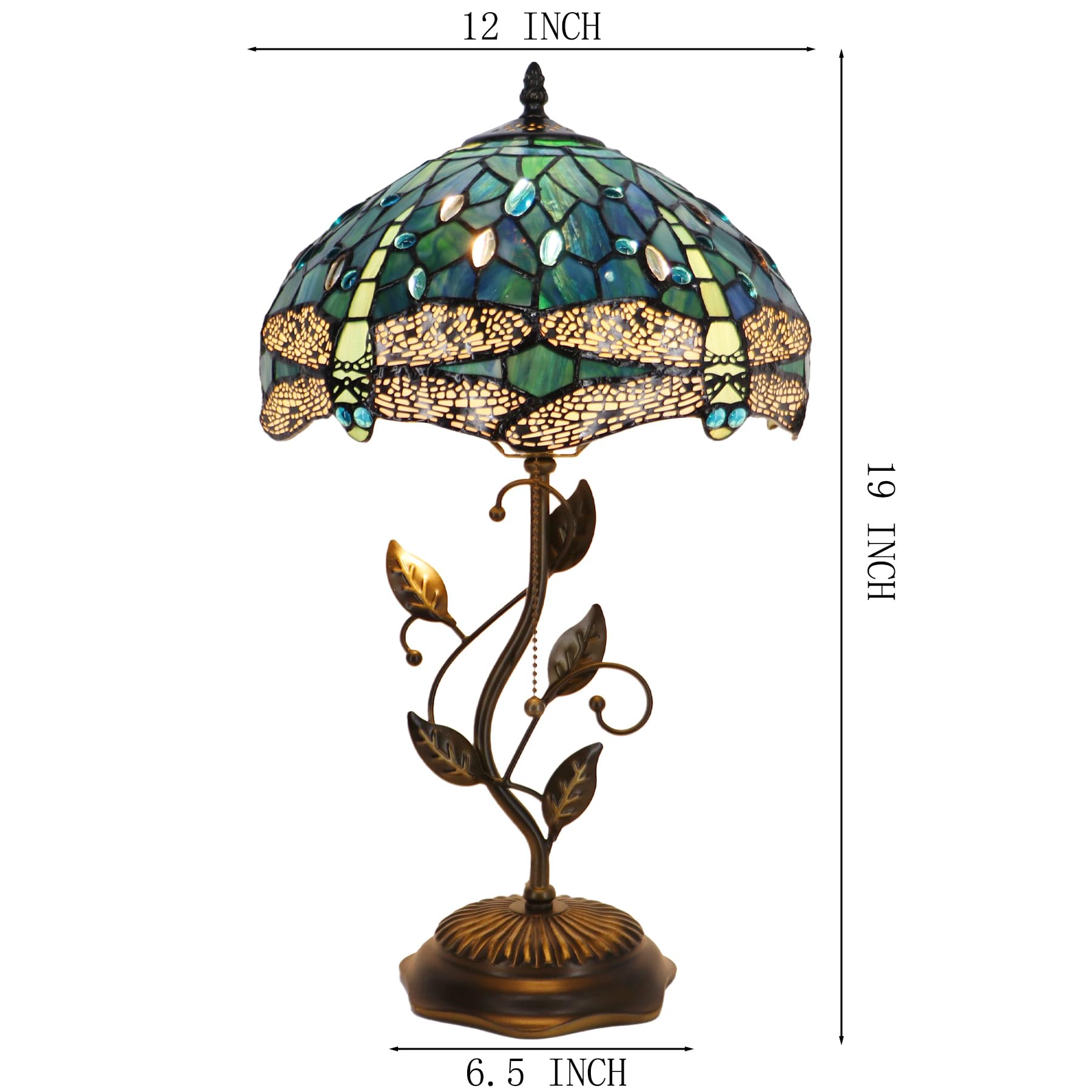 Lxhcyou Tiffany Table Lamp, Stained Glass Desk Light, W12H19 Inch, Metal Leaf Base (Dragonfly Style)