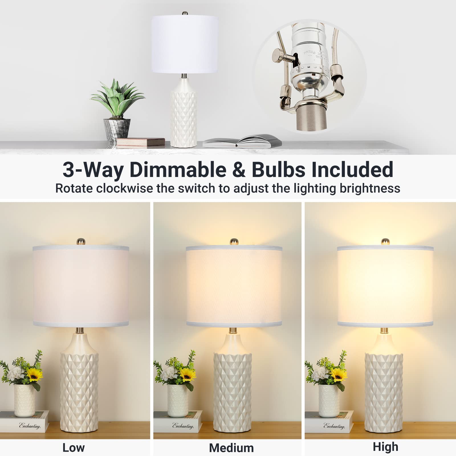 Qingmiao 25&quot; White Ceramic Table Lamps Set Of 2, Dimmable Nightstand & Living Room Lighting