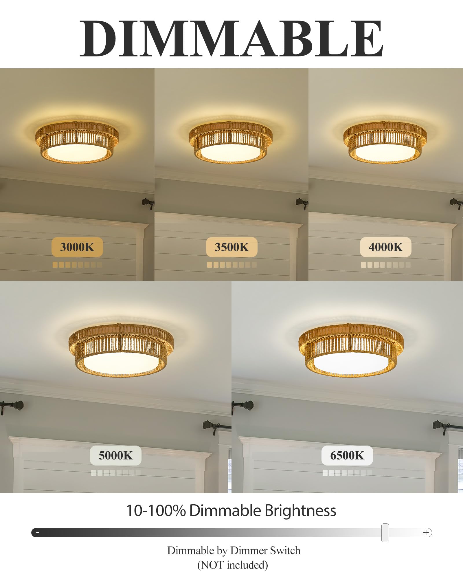 HWH INVESTMENT Boho Ceiling Light Fixture, 18in  Rattan, Remote Control, 36W LED, Beige, Model 5HYS78LF-LED