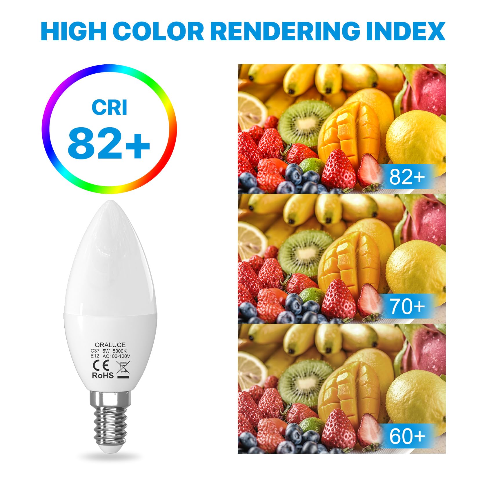 ORALUCE E12 LED Candelabra Light Bulbs, 40W Equivalent, 5000K Daylight White, Non-dimmable, 5W 450LM, 6 Pack
