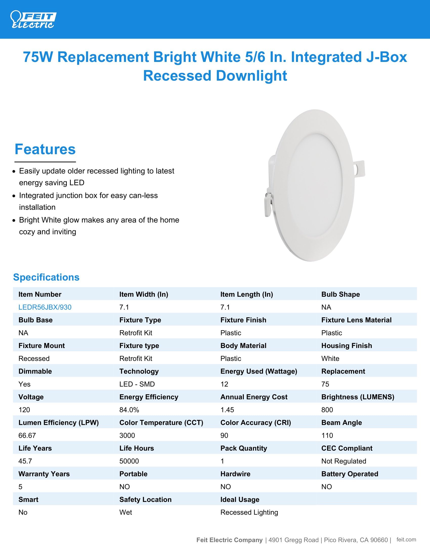 Feit Electric 5-6'' Led Canless Recessed Downlight With Integrated J-Box 75W Equivalent, Dimmable, 3000K Bright White, 90 Cri, 8