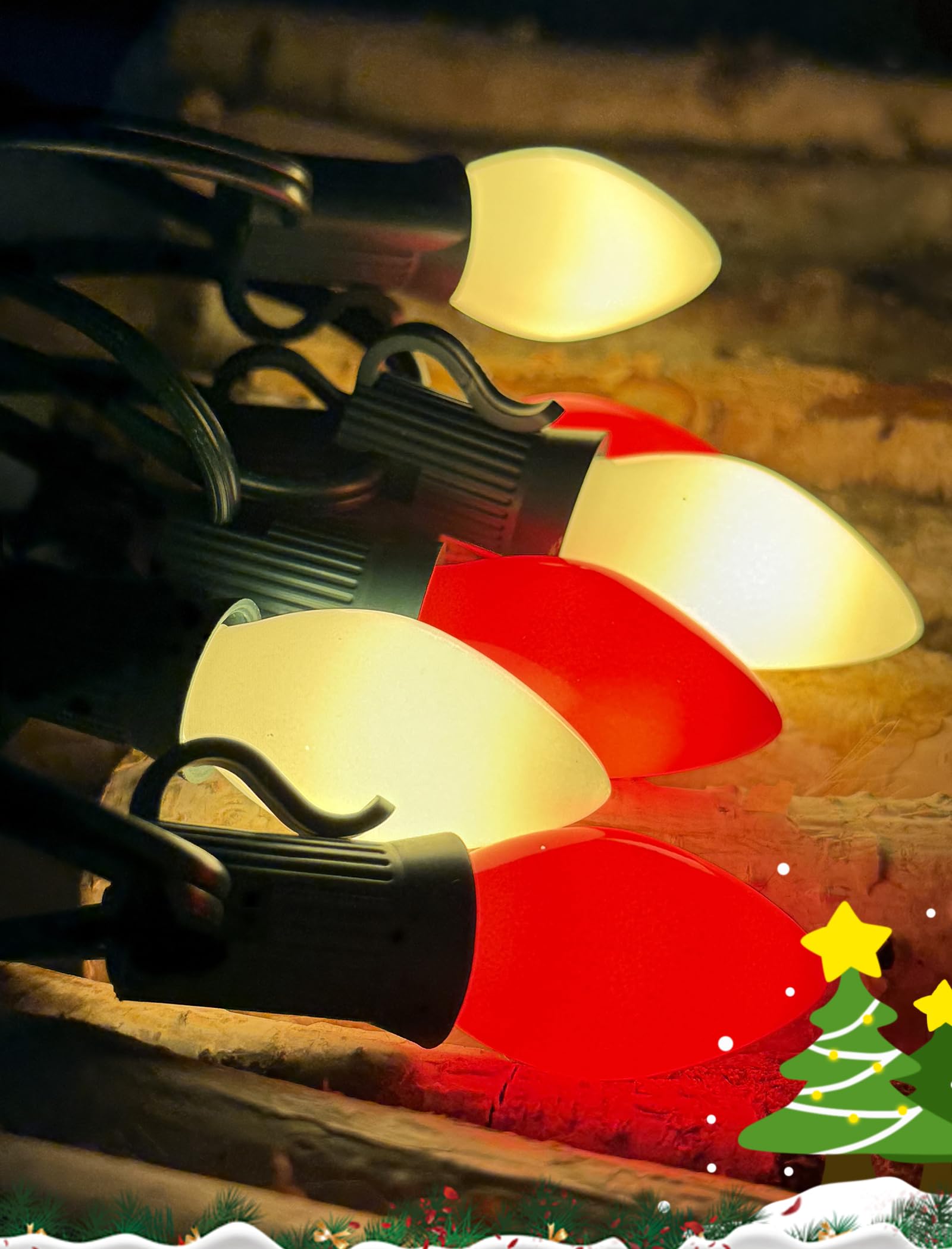 25Ft Multicolor Christmas Lights Outdoor  C7 Vintage String Lights With 27 Red White Baked Incandescent Bulbs  Hanging Patio Lights For Porch Roofline Christmas Tree Garden Pathway Indoor Decor