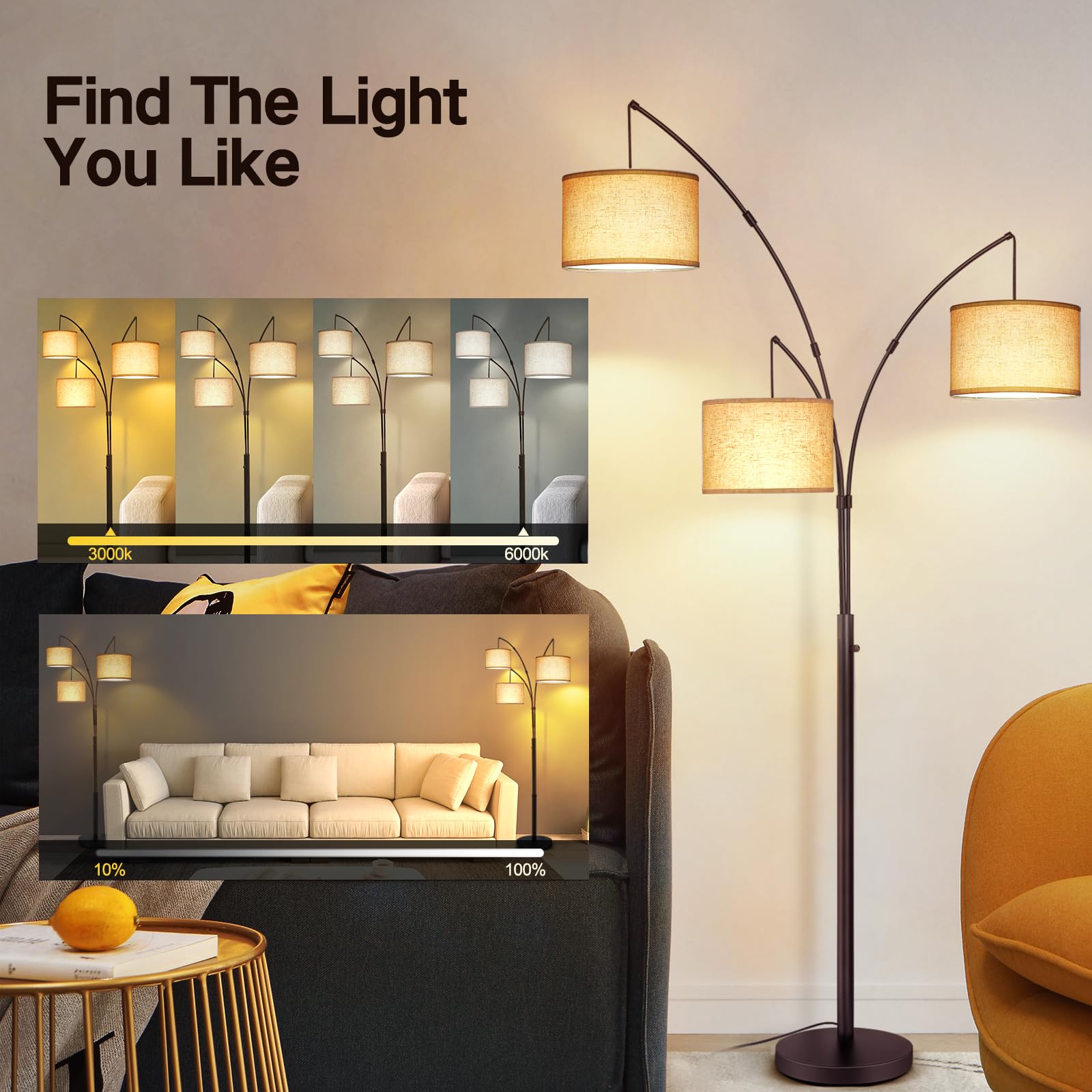 Outon Floor Lamp With Remote Control, Modern Bright Lamps For Living Room, Adjustable 3-Light Tall Arched Lamp For Bedroom, Offi