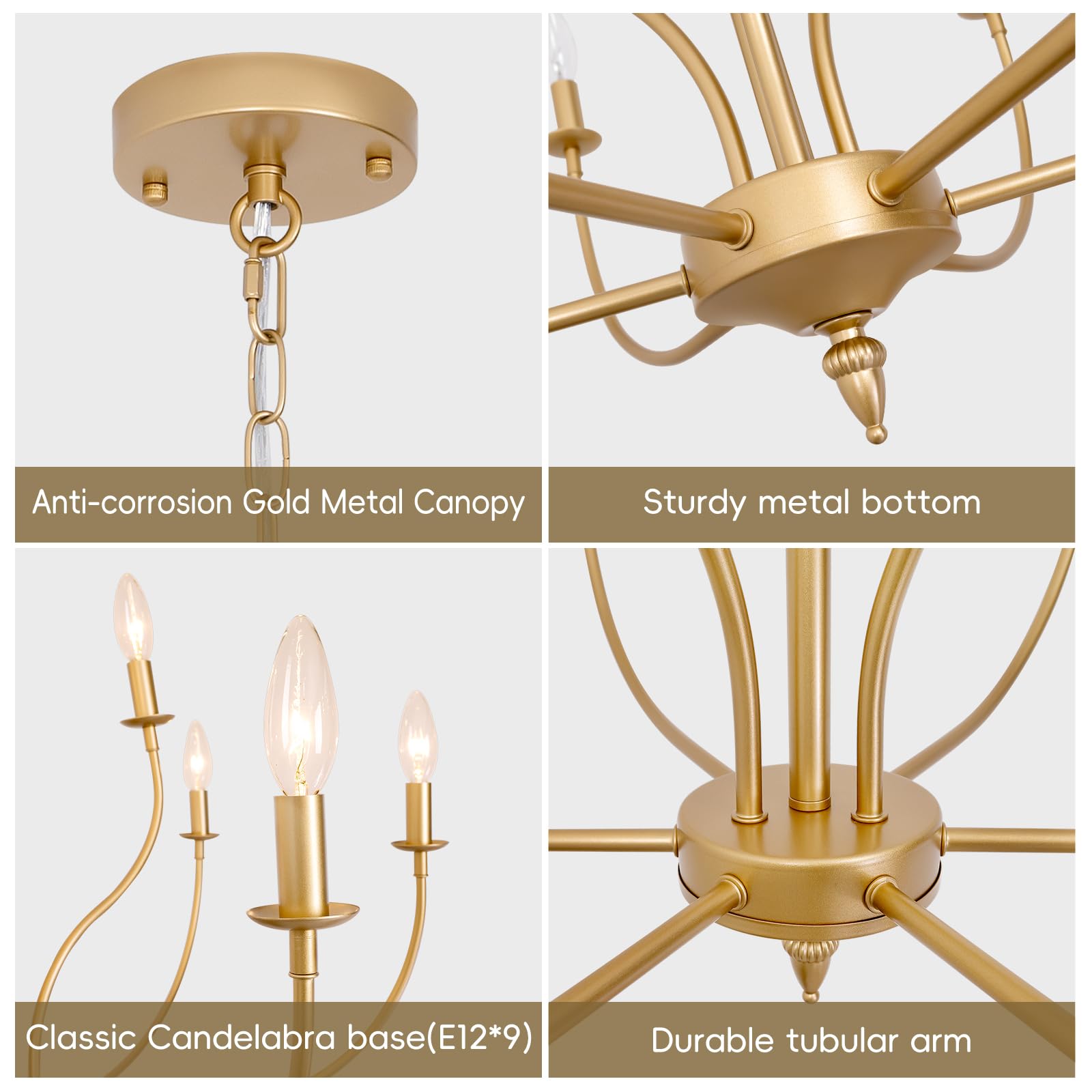 Rviezza Gold Chandelier, 9-Light Gold Farmhouse Chandelier, 2-Tier Candle Modern Farmhouse Chandeliers For Dining Room Living Ro