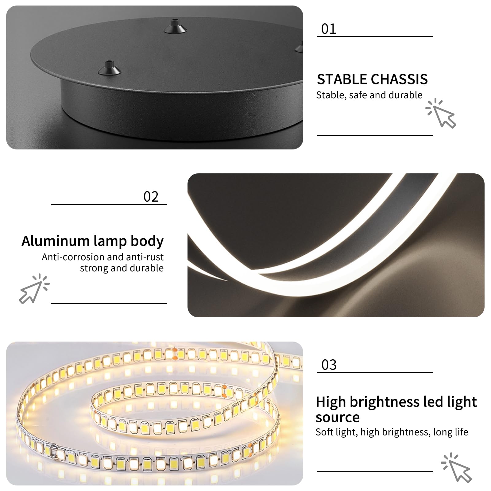 Mikeru Modern LED Chandelier Light, Remote Control, Adjustable 3000K-6500K, Aluminum, 15.7+23.6+31.5IN, C-Black