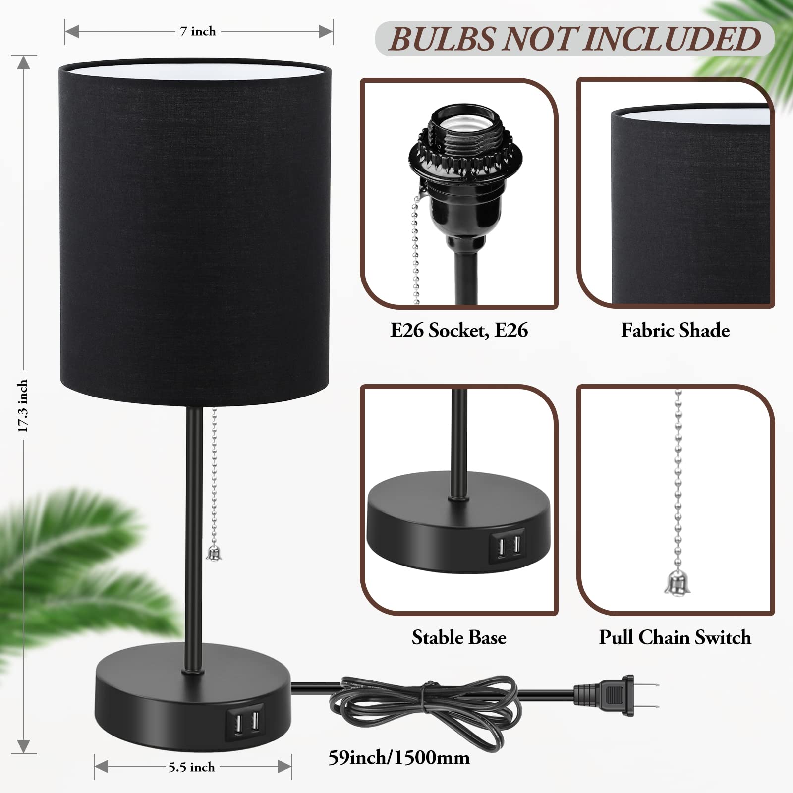 Table Lamps Set Of 2 With Usb Charging Ports, Black Bedside Lamps With Ac Outlet, Nightstand Lamps With Pull Chain Switch, Minim