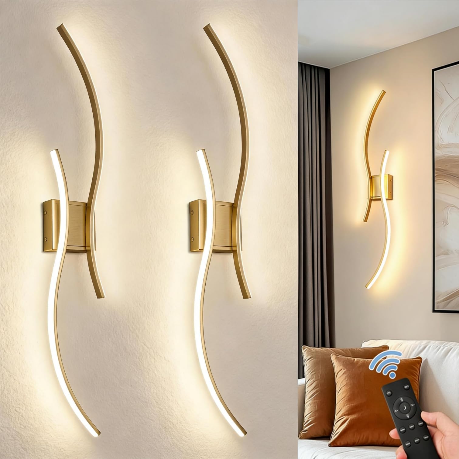 DORESshop Battery Operated Wall Sconces Set of 2  Modern Wireless Rechargeable Wall Lights with Stepless Dimming 3000k-6000K  Sconce Wall Decor for Living Room  Hallway  Bedroom  Gold 39in