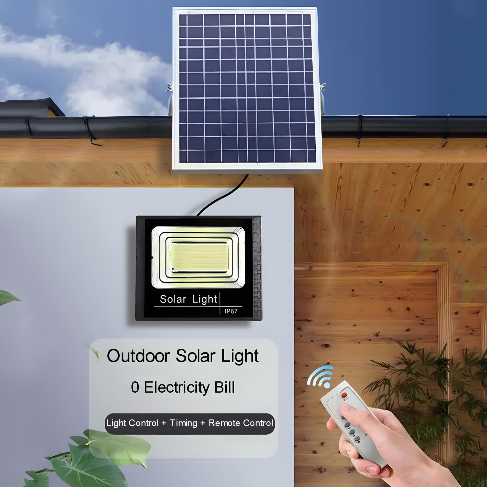DuBom 100W Solar Flood Light - 6500K Waterproof Security Light with Remote, Auto On/Off, Ideal for Yard, Patio, Garage - Silver Blue Black