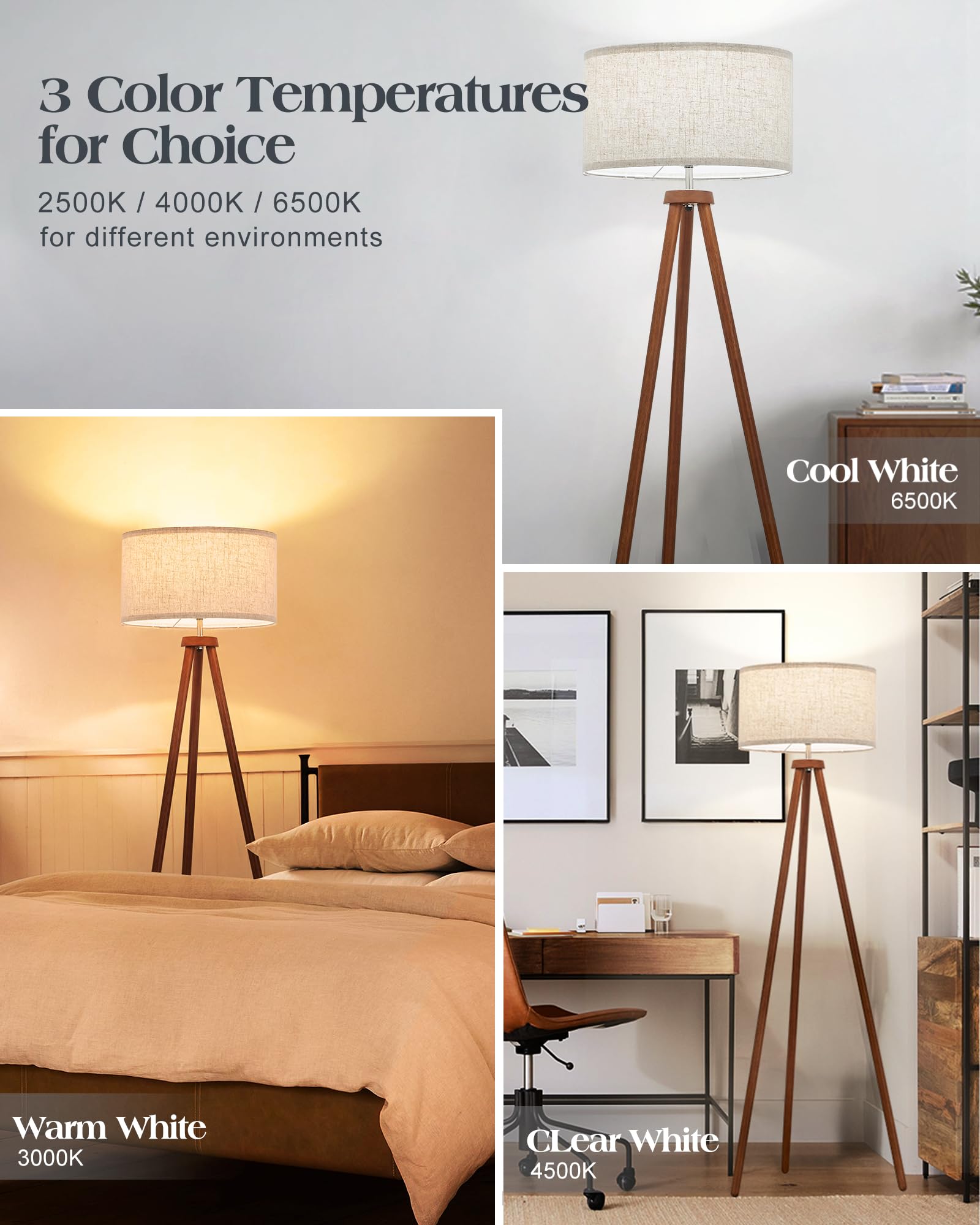 ELYONA Wood Tripod Floor Lamp - Vintage Style with LED Bulb, Beige Shade, Brown & Nickel Metal, Model UF1101-WB for Living Room & Office