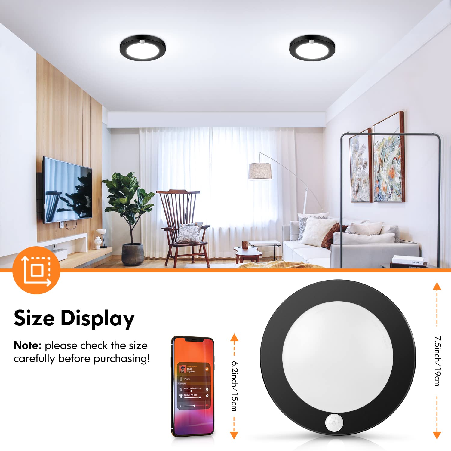 2-Pack Motion Sensor Led Ceiling Lights, 15W-100W Equivalent, 1200Lm 3 Colors In 1(3000K/4000K/5000K), 7.5Inch Black Flush Mount