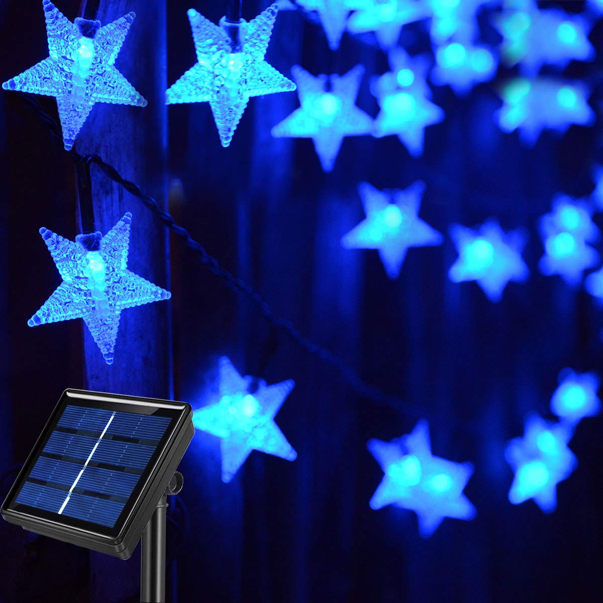Abkshine Solar Powered Blue Star String Lights, 120 LEDs, 55ft, Waterproof, Auto On/Off, Blue