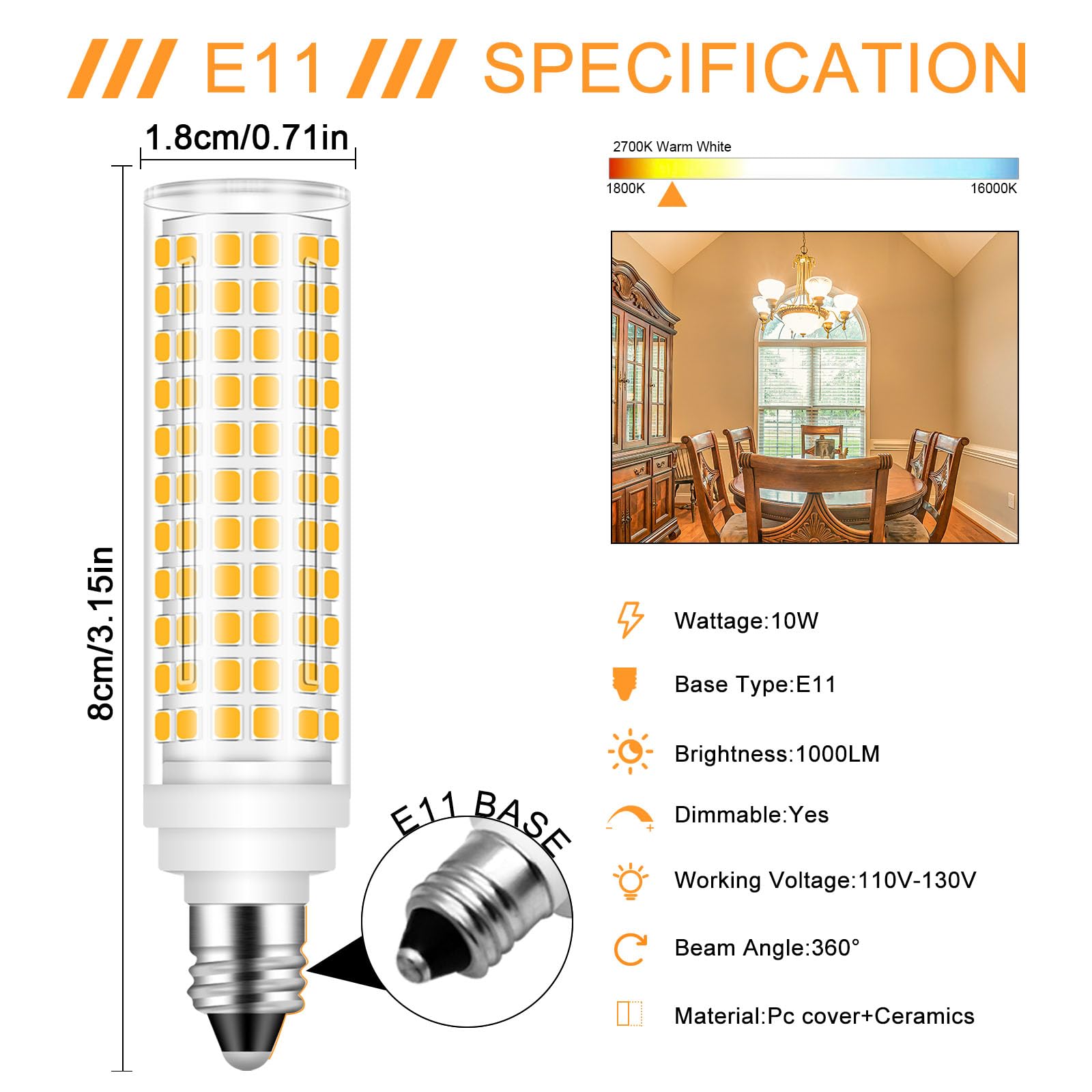 ZHENMING E11 LED Bulb 10W Dimmable Warm White 3000K, 4 Pack, JDE11, ABS, Suitable for Ceiling Fans & Chandeliers, Yellow