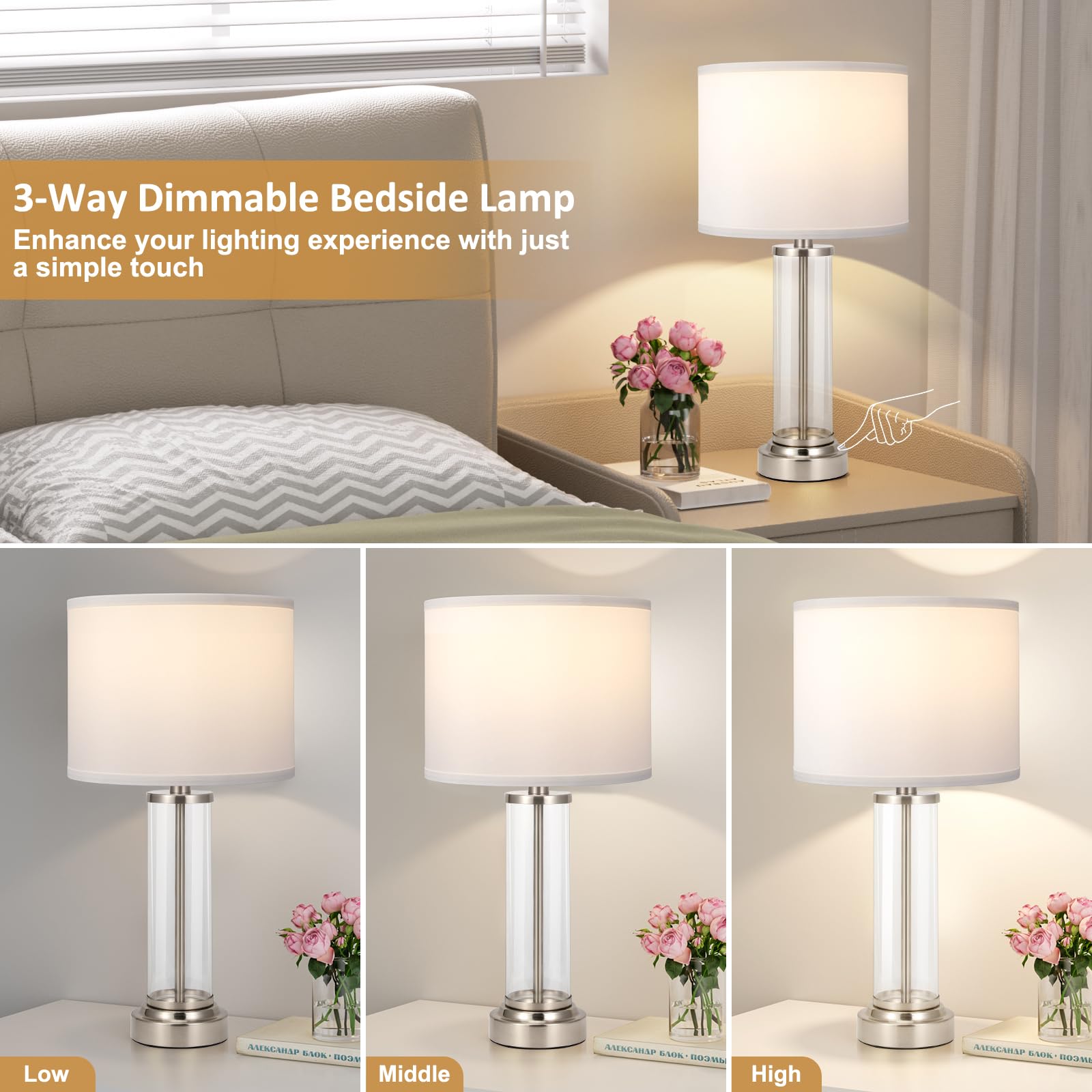 Nickel Bedroom Lamps Set Of 2 - Touch Bedside Lamp For Night Stands With Usb C+A, 3 Way Dimmable Nightstand Table Lamps For Livi