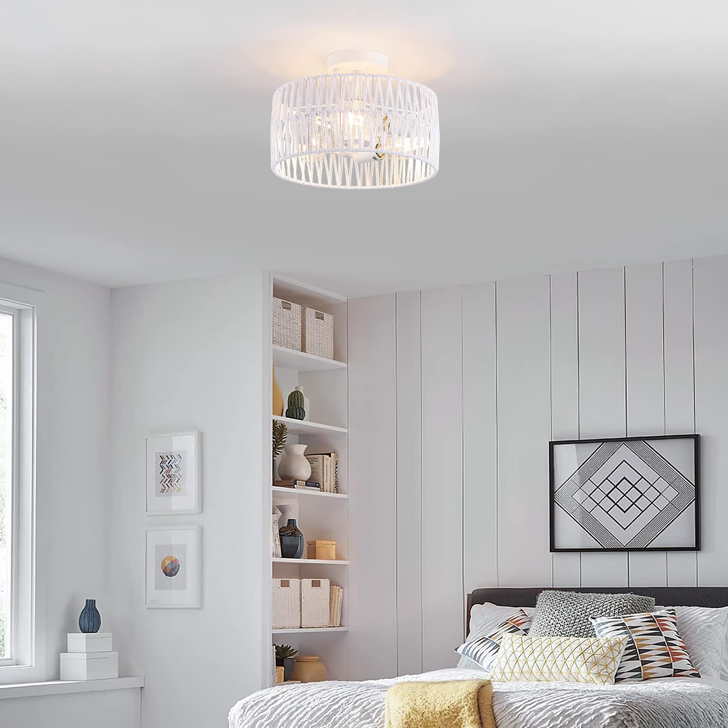 Hchunqjor 3-Light Coastal White Woven Flush Mount Light Fixture Boho Hemp Rope Semi Flush Mount Ceiling Light For Hallway Bedroo