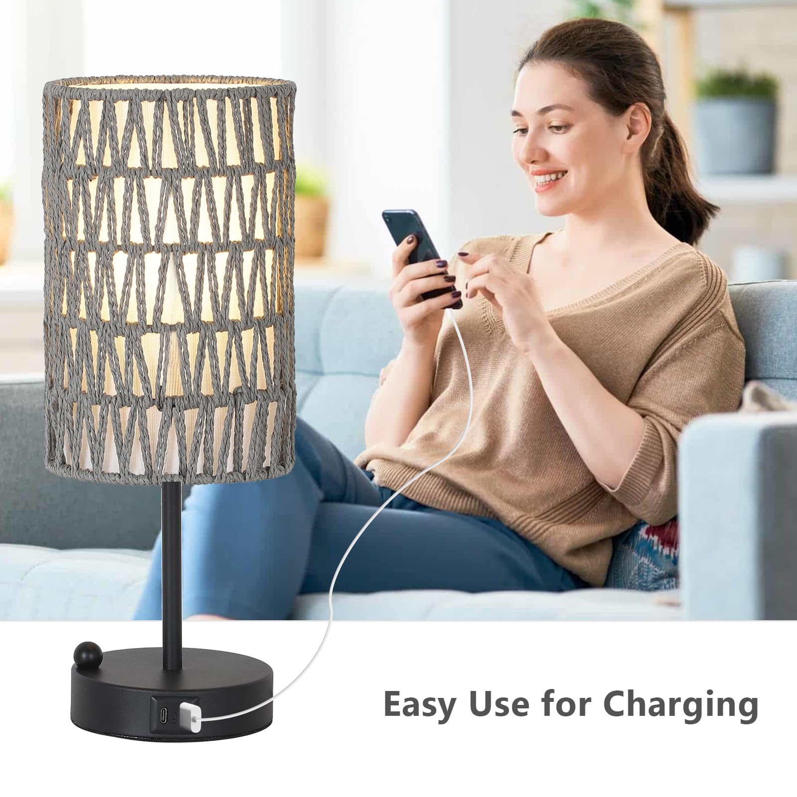 Touch Bedside Lamp For Bedroom With Bulb, Grey Boho Small Table Lamp For Living Room With Rattan & Linen Shade, 3 Way Dimmable T