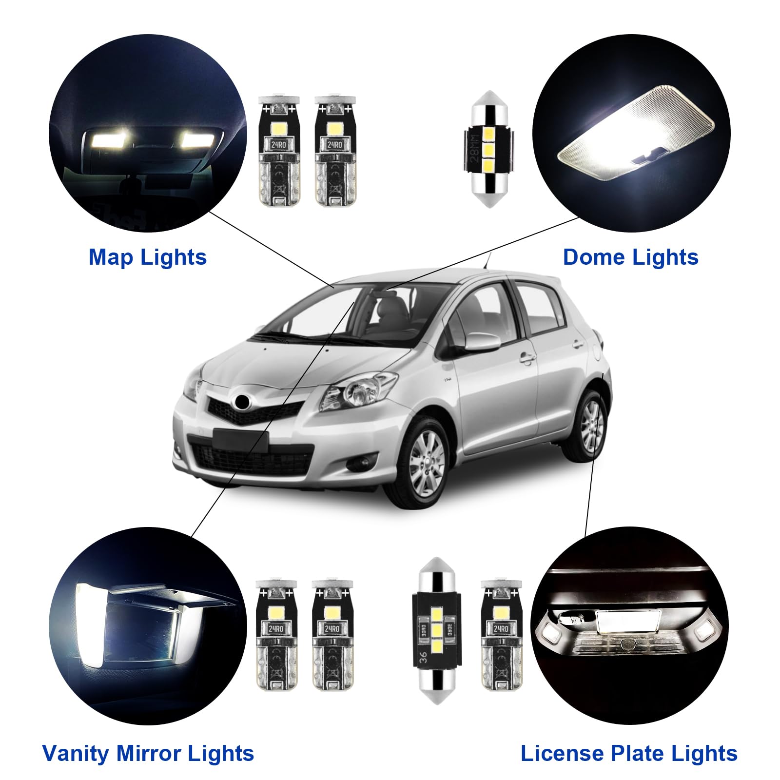 Easy Eagle 7 Psc Super Bright 6000K White Led Interior Light: Bulbs Kit Package For 2007-2012 Toyota Yaris Lighting Package Kit Includes Light Accessories + Install Tool