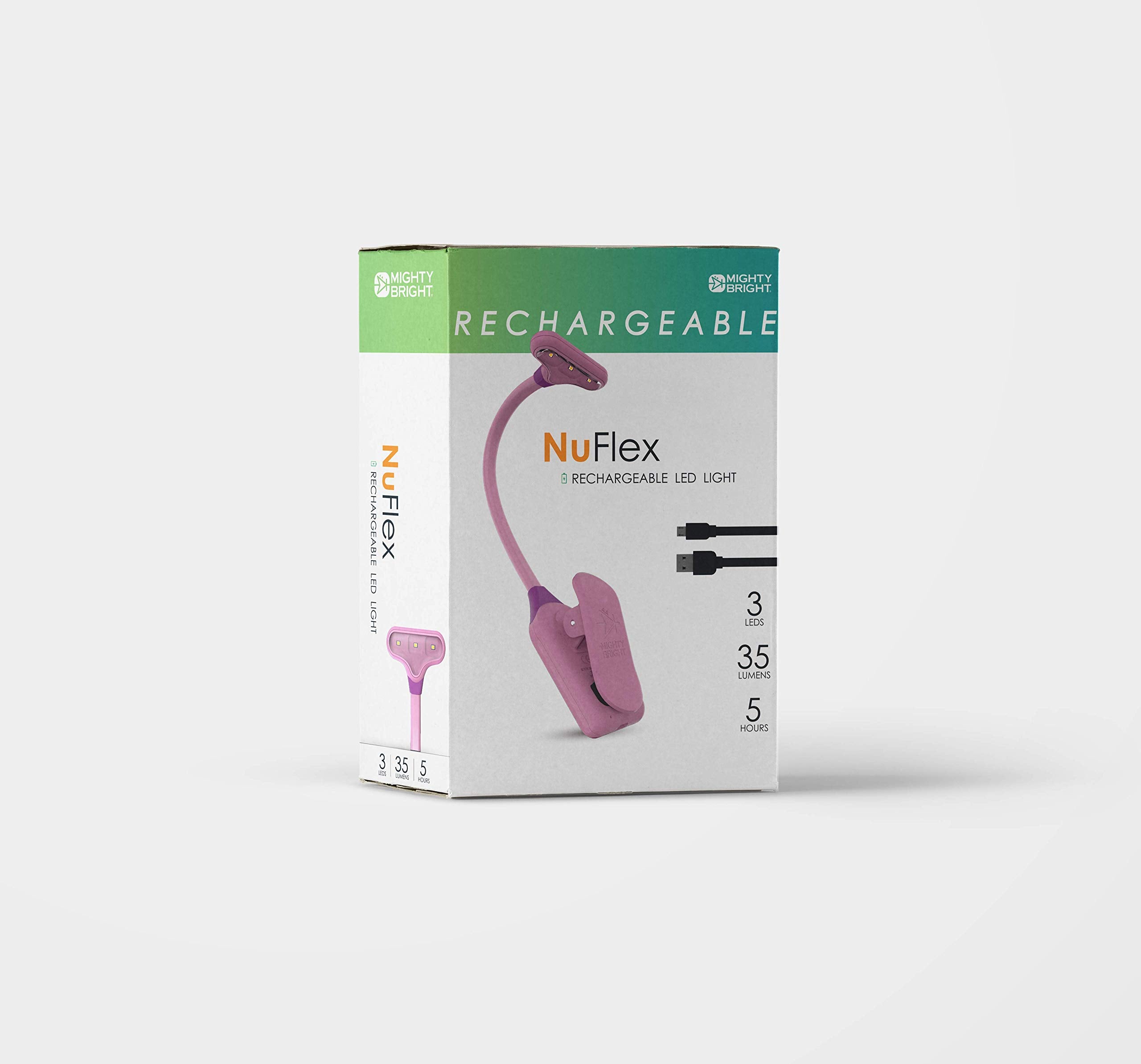 Mighty Bright NuFlex Rechargeable Book Light, 35 Lumens, 3 Brightness Levels, 24 Hours Battery Life, Lavender, Model 47810