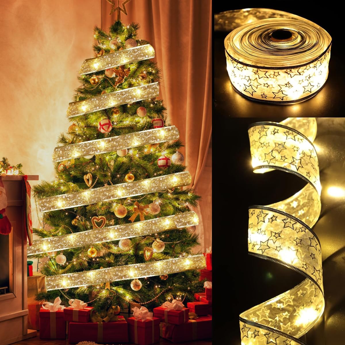 Christmas Tree Decorations Ribbon Lights, 32ft 100 LED String Lights, Battery-Powered Copper Wire Christmas Tree Ribbon Lights for Holiday Party Weddings Indoor Christmas Tree Decorations (Gold)