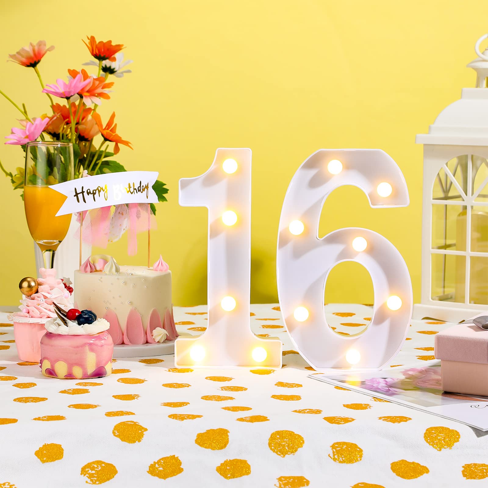 Treela LED Light Up Numbers Sign - 8.7'' Glitter Marquee for 16th Birthday, White Centerpiece Decoration