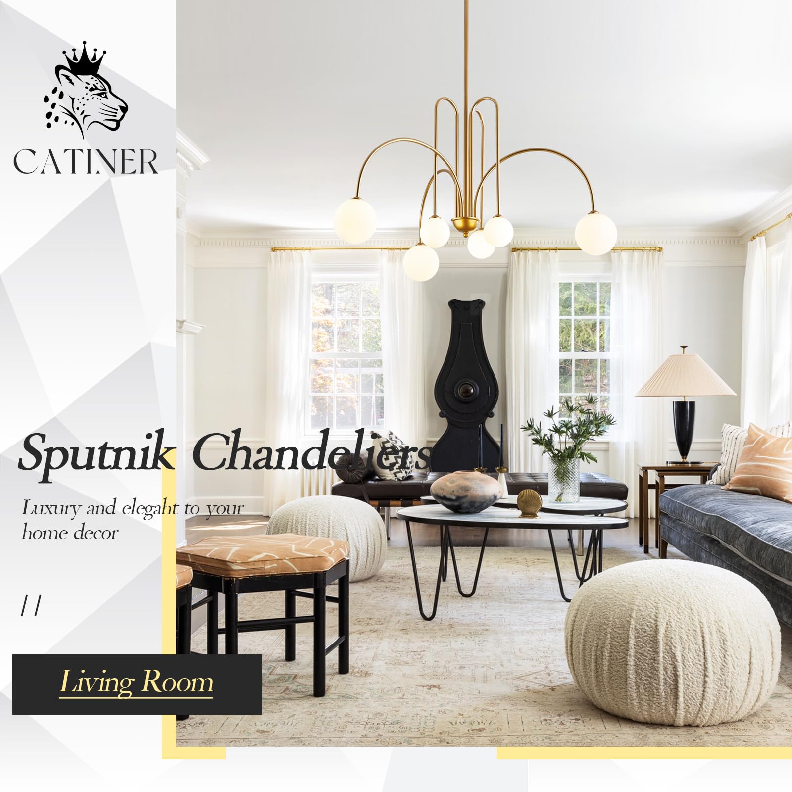 Catiner Gold Sputnik Chandelier,6 Lights Large Modern Chandelier L40”Mid Century Long Ceiling Pendant Light Fixtures For Dining Room With Milk Glass Globe Shades For High Ceiling Foyer Living Room