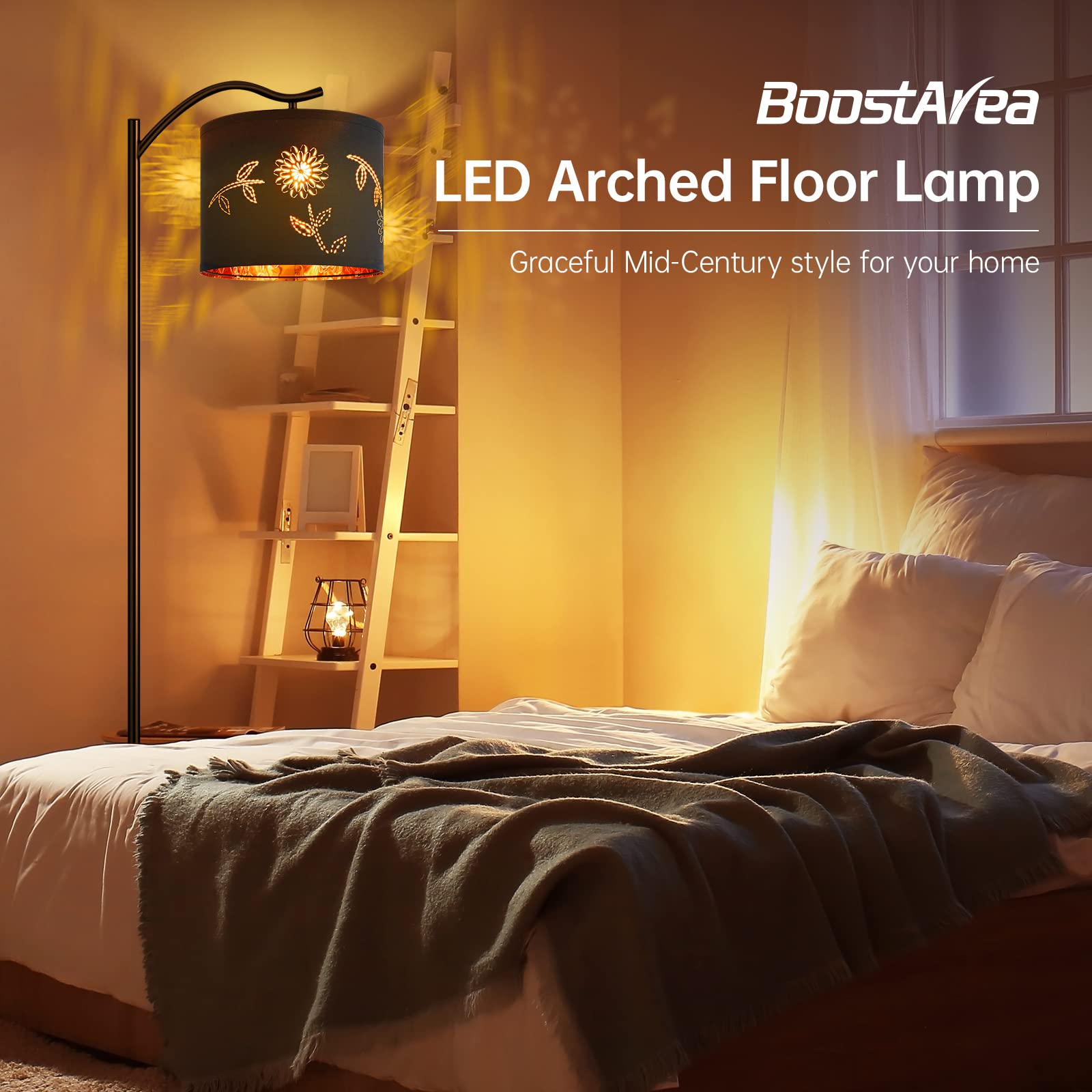 Boostarea Flower Shade Floor Lamp For Living Room,8W Led Arched,Tall Modern Standing Lamp,E26 Socket,Footswitch,Mid Century Floo