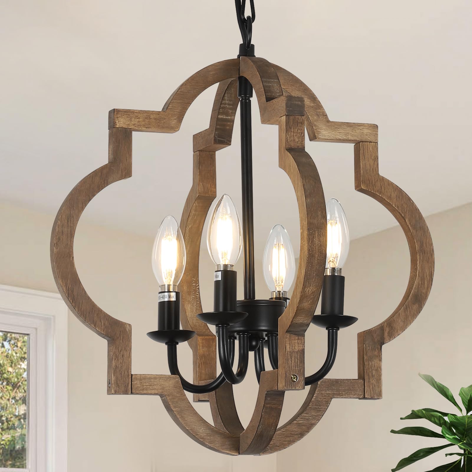 Farmhouse Chandelier Light Fixtures  4-Light Dining Room Light Fixtures Over Table  Solid Wood Chandeliers for Dining Room  15.7 Brown Rustic Chandeliers for Living Room Kitchen Island Bedroom Foyer