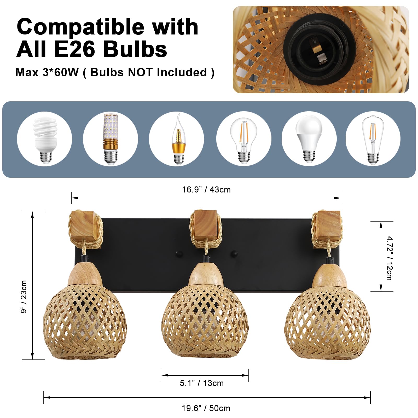 Lmnlvn 3-Light Bathroom Vanity Light Fixtures, Rustic Style Farmhouse Wood Bathroom Wall Sconce, Handmade Bamboo Woven Boho Wick